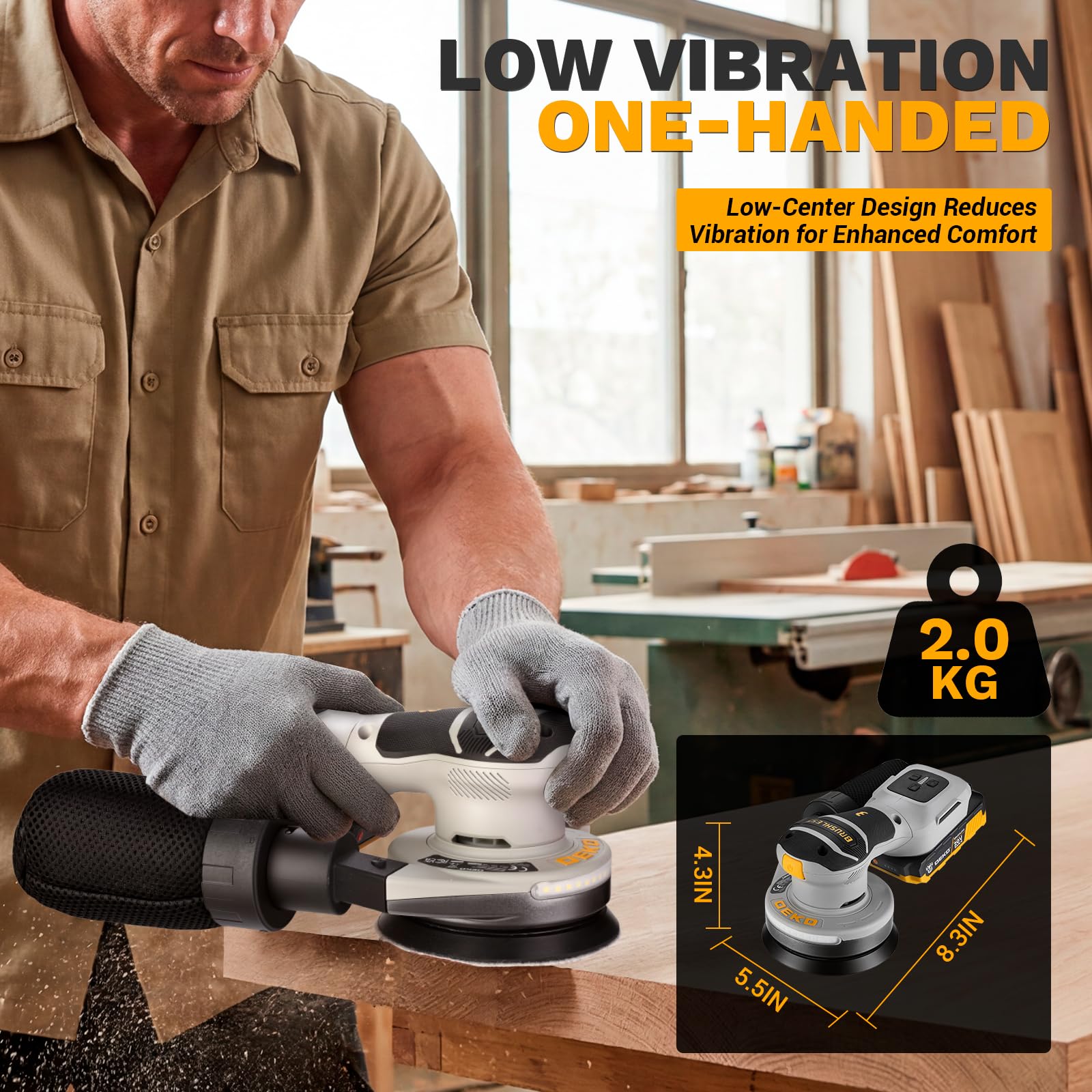 DEKOPRO - Lijadora orbital inalámbrica: lijadora orbital sin escobillas de 20 V, 5 pulgadas, 6000-12000 RPM con batería, cargador, discos de lijado, caja de polvo y tubo de polvo para carpintería