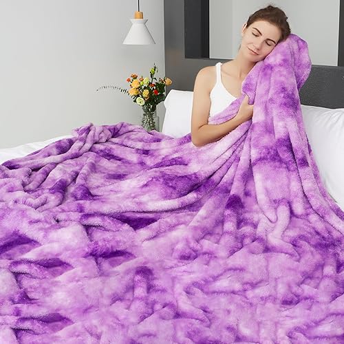 Miniatura 2 de MUGD Mantas suaves mullidas de forro polar para cama individual, manta cálida para cama Morado y blanco
