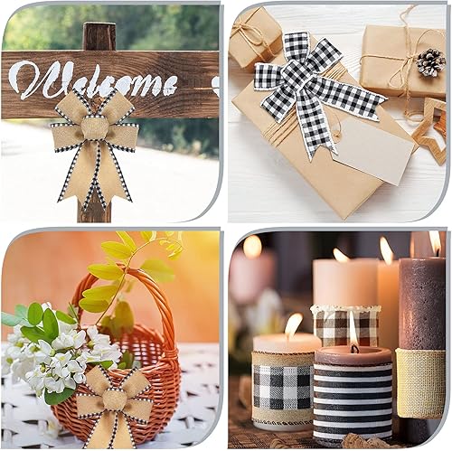 Miniatura 5 de 6 Rolls Wired Edge Ribbons 2.5 Inches x 24 Yards Burlap Ribbon Black and White Fabric Ribbons Plaid Stripe Craft Wired Ribbon Christmas Tree Ribbon