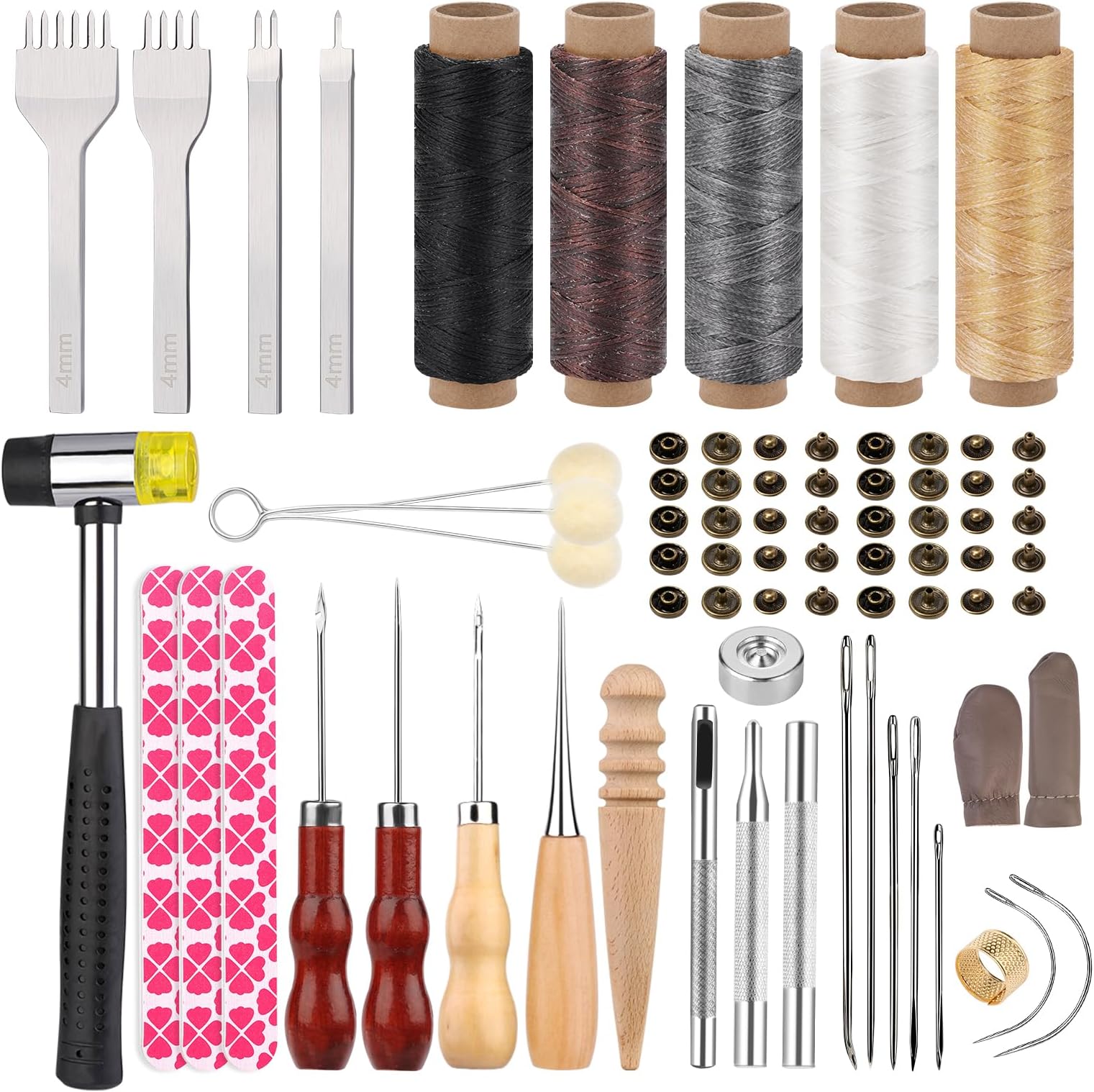 Qzma 45 Pcs Leather Tools, Leather Working Tools with Waxed Thread, Prong Punch and Rivets, Leather Sewing Kit for Stamping, Punching, Repairing, Stitching