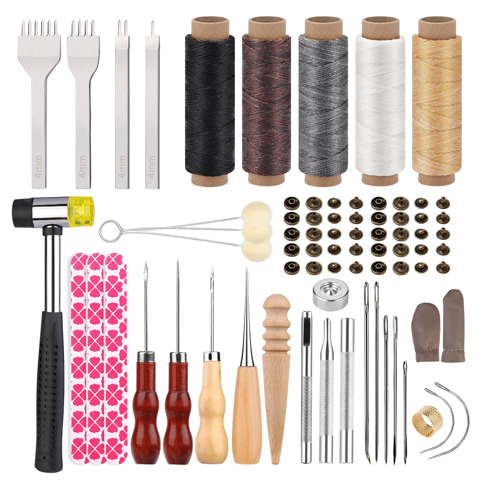 Basic Leather Tool Kit, Leather Crafting Tools with Waxed Thread, Prong Punch and Rivets, Needle and Thread kit for Stamping, Punching, Repairing, Stitching