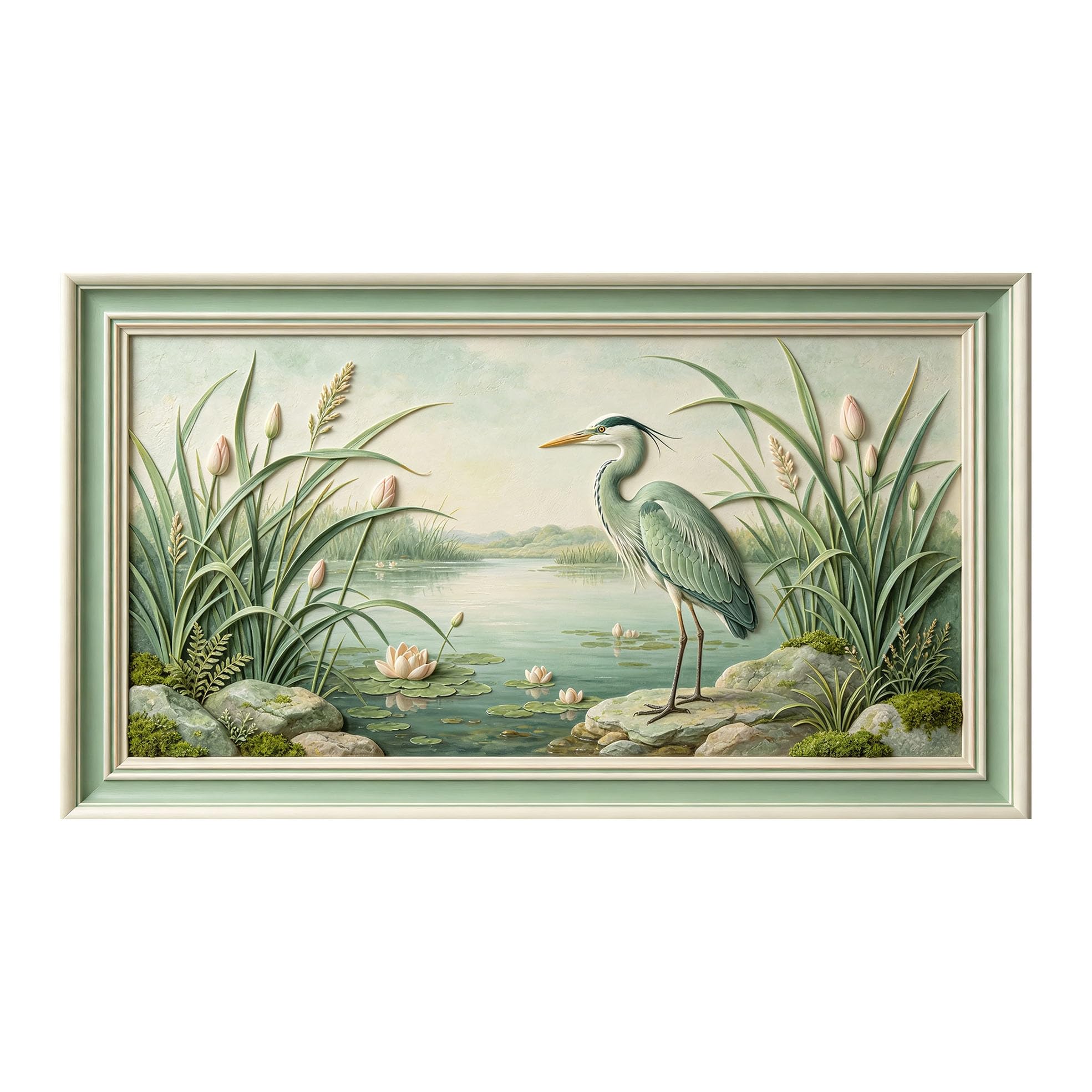 Yzpallescene 3D 3D Framed Wall Art 50cm×90cm Heron Lake Botanical Landscape Oil Painting Large Size SelfAdhesive Removable Wall Decor Prints Artwork for Living Room Bedroom Office
