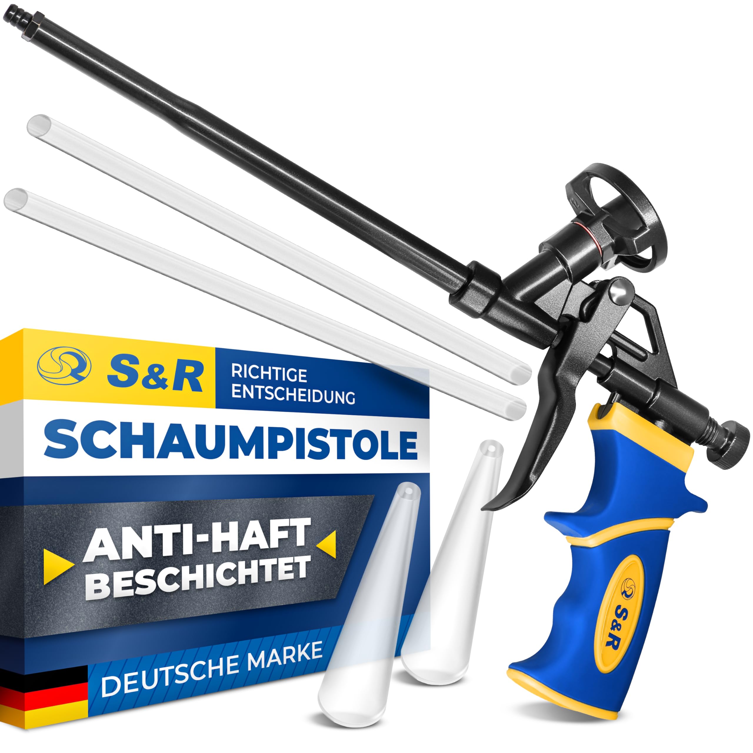 S&R Schaumpistole, Dosierpistole in Industriequalität für Bauschaum Dosen, ergonomischer Griff, Teflon-beschichteter Dosen-Halter, präzise Schaumabgabe, PU Bauschaumpistole für Pistolenschäume