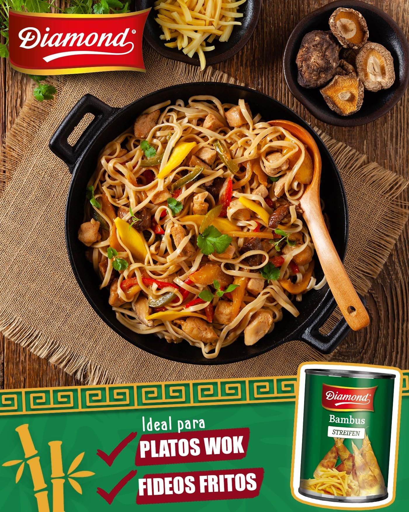 DIAMOND Tiras de bambú, vegetal asiático en conserva, adecuado para platos wok, bajo en carbohidratos - 1 x 370 ml
