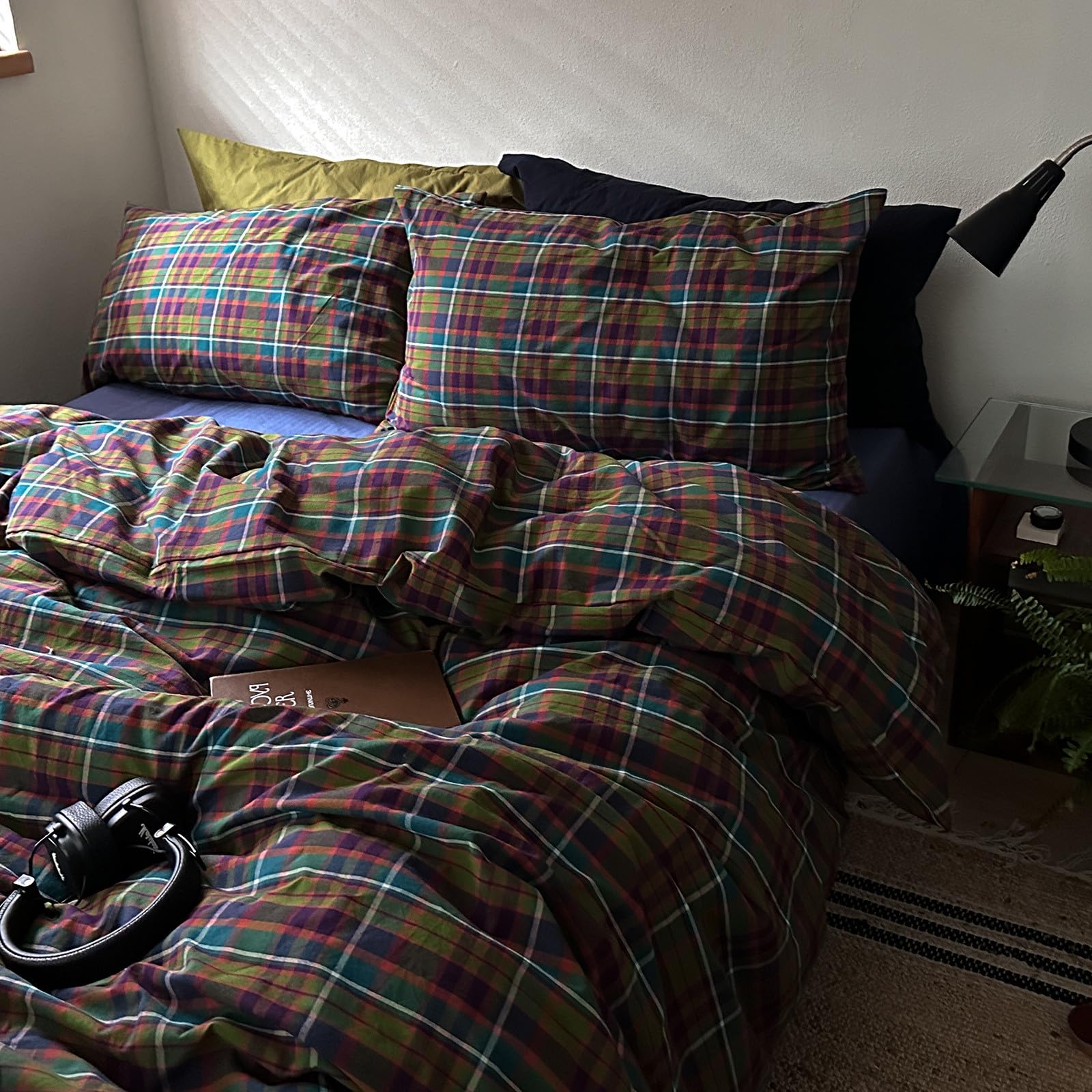 Plaid Duvet Cover Set Washed Cotton,Queen(90"x90"),Green/Purple/Tartan