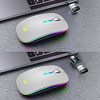 Vista 5 de HOTLIFE Mouse LED inalámbrico, mouse Bluetooth delgado recargable, mouses de computadora inalámbricos USB portátiles de 2.4G con receptor USB y Gris