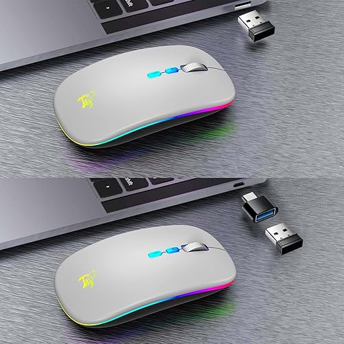 Miniatura 5 de HOTLIFE Mouse LED inalámbrico, mouse Bluetooth delgado recargable, mouses de computadora inalámbricos USB portátiles de 2.4G con receptor USB y Gris