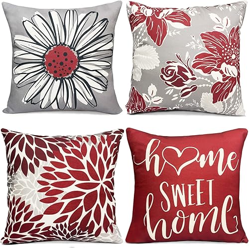 RYSMIYOU Juego de 4 fundas de almohada de color rojo vino de 16 x 16 pulgadas, fundas decorativas para sofá, exteriores, fundas de almohada de lino,