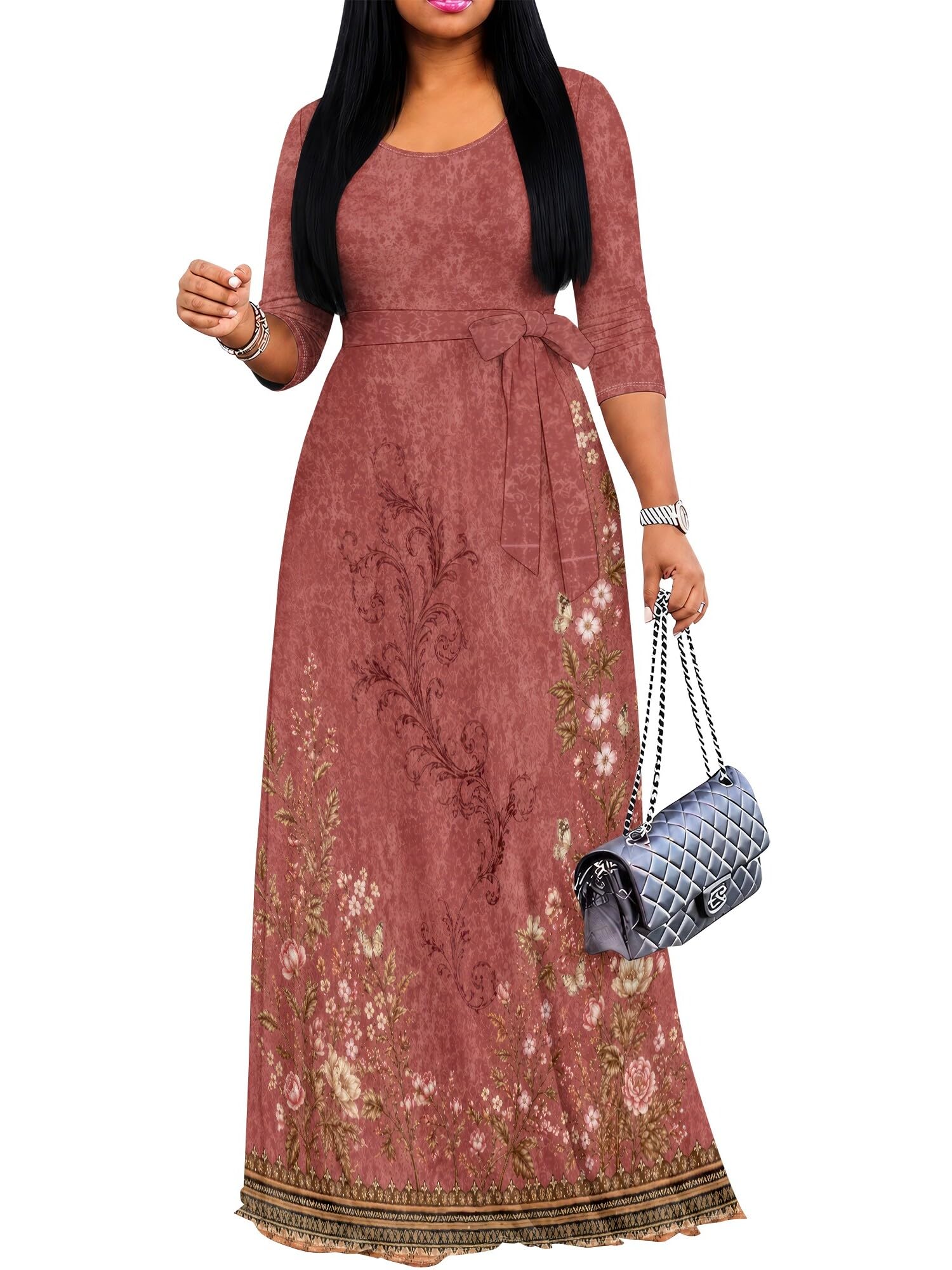PinkPatty Women's Plus Size V Neck 3/4 Sleeve Boho Maxi Dress with Pockets | Boho printed maxi dress with pockets and tie waist for travel, vacations, weddings, church, parties, and daily wear