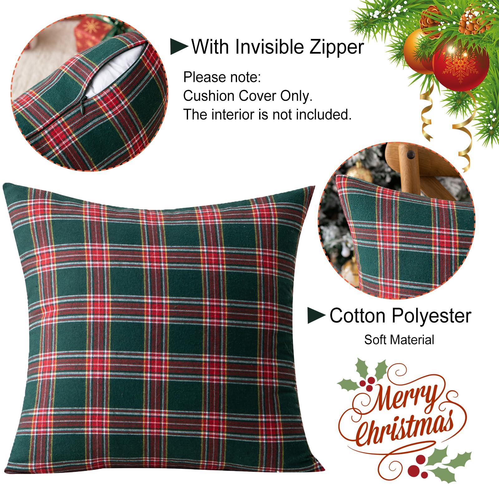 Qelus Christmas Cushion Covers set of 4, Tartan Scottish Throw Pillow Cases, Plaid Check Pillow Covers 45 x 45 cm - Image 3