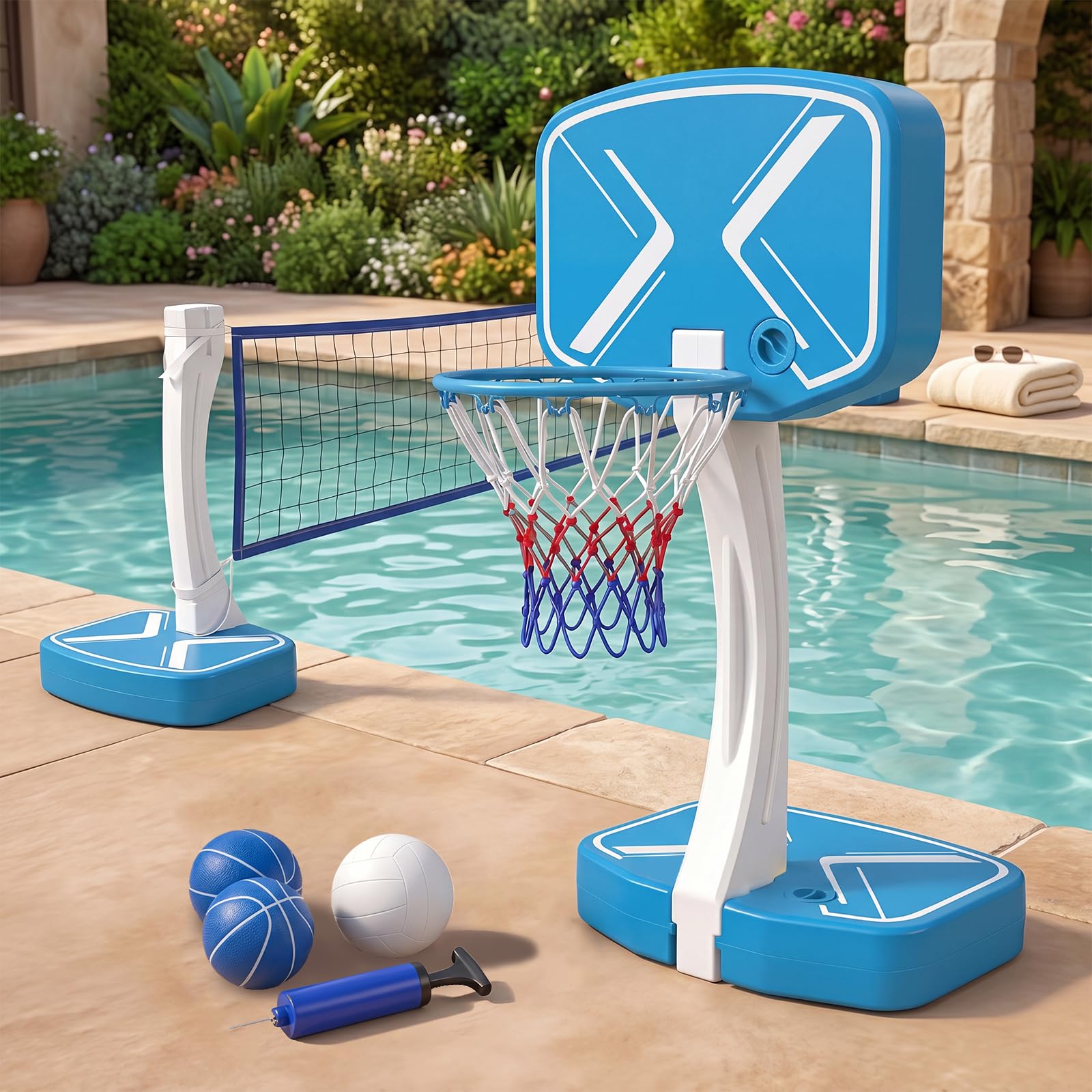 COSTWAY 2 in 1 Pool Basketballkorb & Volleyballnetz Set