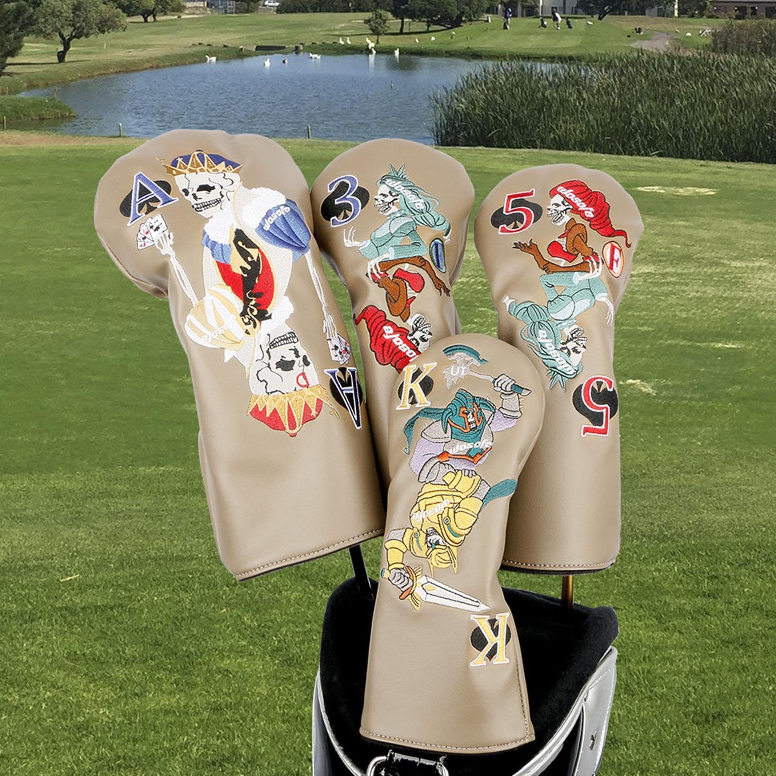 Lot de 4 housses de clubs de golf brodées avec motif crânes | Lot de 4 housses élastiques pour clubs de golf et driver pour entraînement de golf