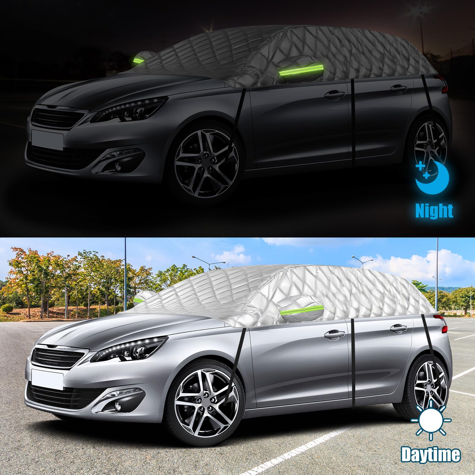 Telo Auto Antigrandine Compatibile con Peugeot 308 2007-2025, Opaltool Telo Copriauto Antigrandine con Ganci, Striscia Riflettente e Cappucci per le Orecchie