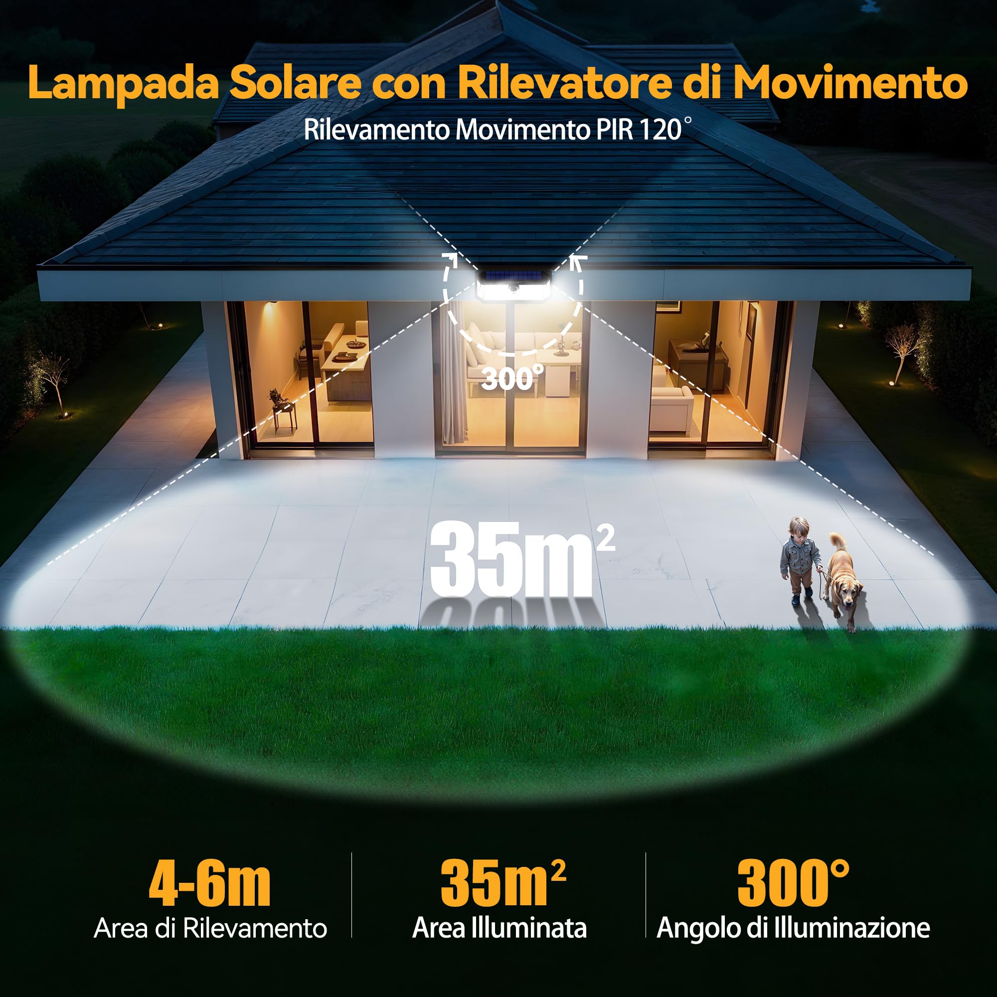 TECKNET Luce Solare LED Esterno, 416 Faretto LED da Esterno Solare con Sensore di Movimento, 300°Illuminazione IP66 Impermeabile Lampada Solare da Esterno, 3 Modos per Giardino, Patio e Garage 2 Pezzi