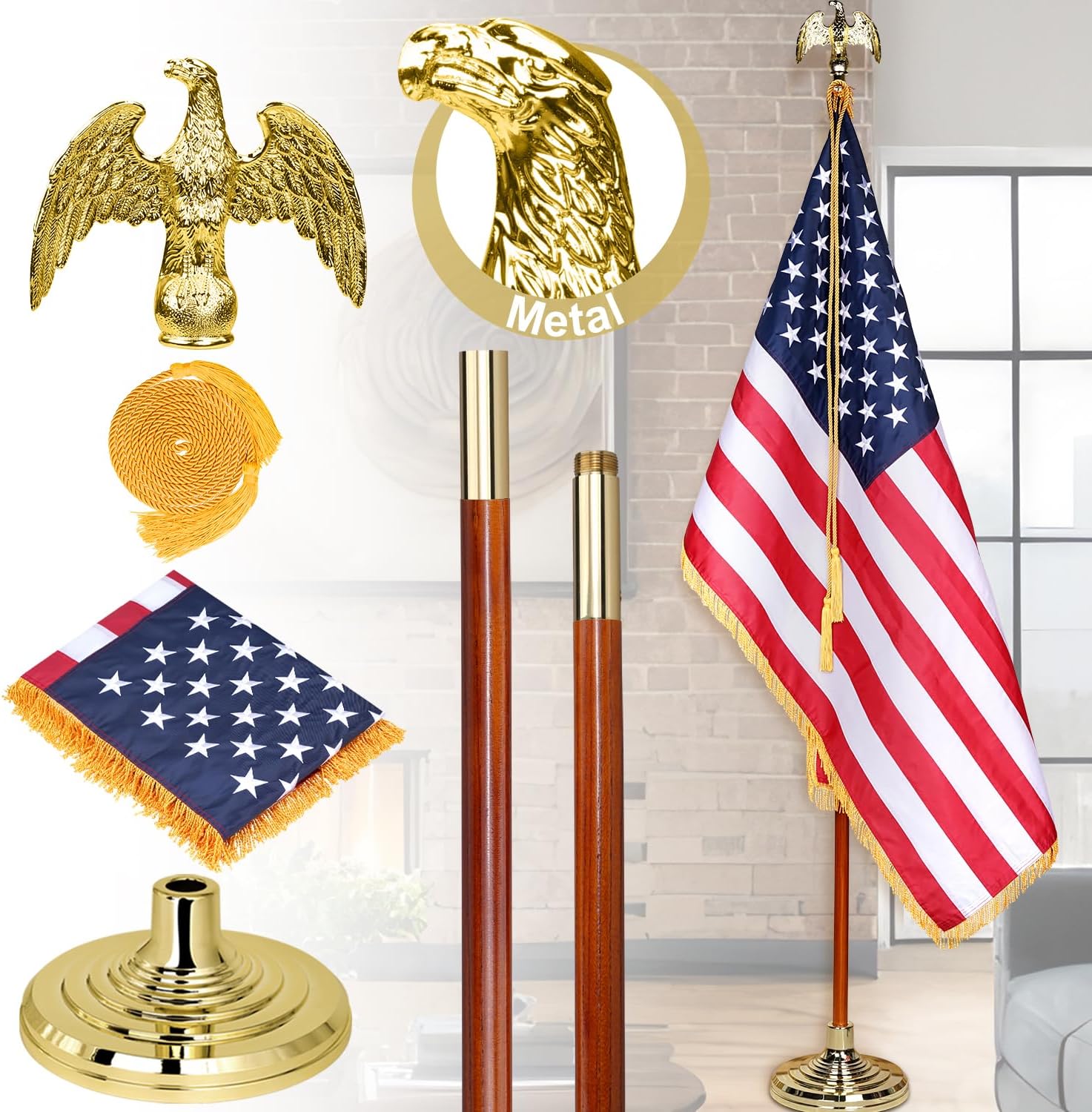 XIFAN Deluxe 7 FT Indoor American Flag and Pole Set - Solid Oak Pole, Metal Eagle Topper, Gold Fringed US Flag, Base Stand, Cord Tassel, for Lobby, Office, Auditorium, Conference Room - 7.6 FT Total 7FT