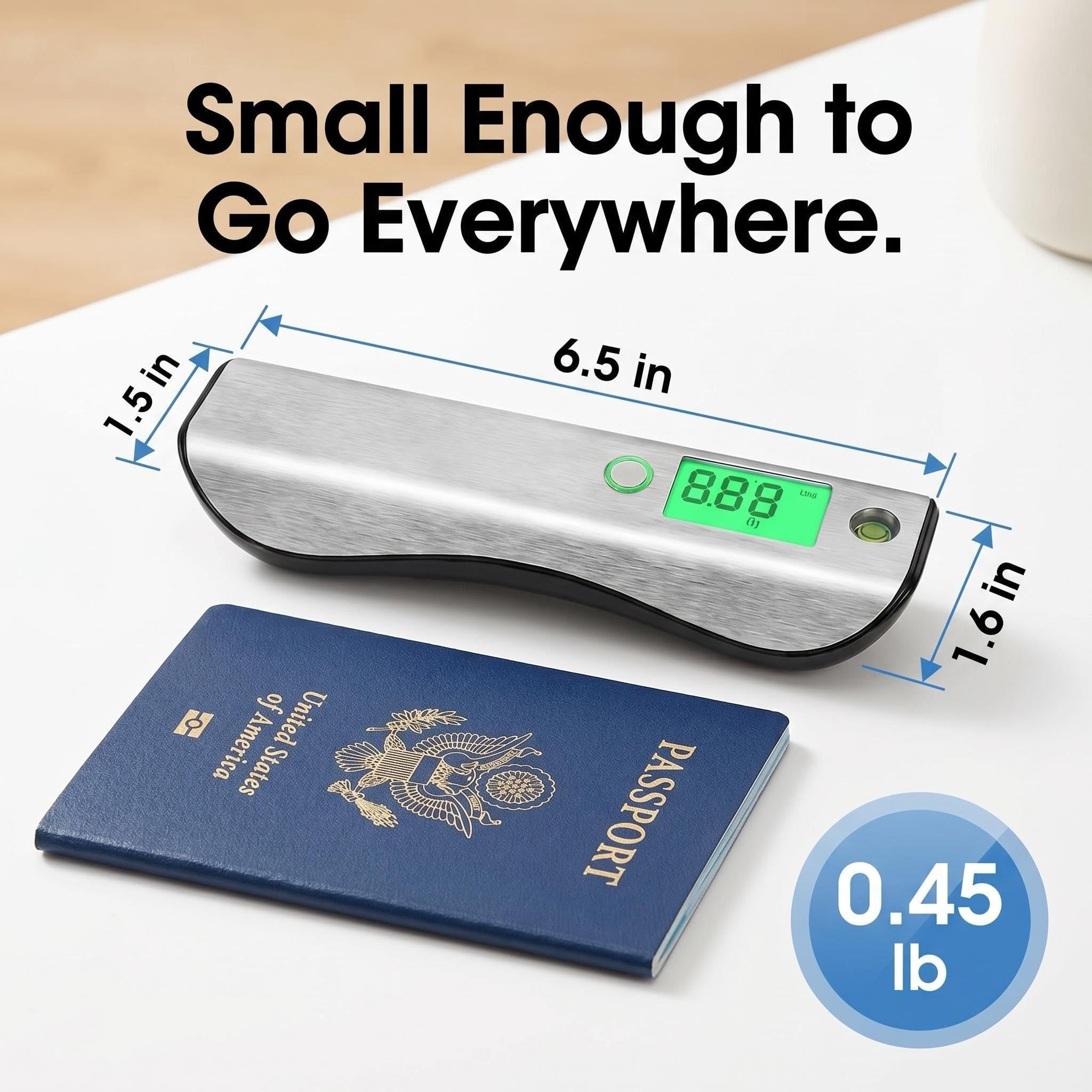 Báscula digital de equipaje de 110 libras/50 kg con cinta métrica de 3 pies, 4 unidades, modo pico y sujeción, nivel de burbuja, báscula de peso portátil para equipaje de mano para artículos