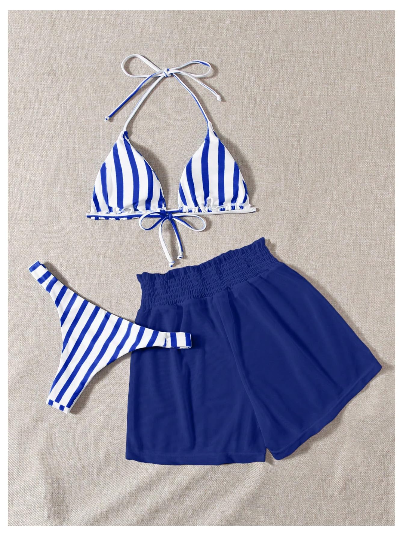 Costume da Bagno Bikini A Righe da 3 Pezzi da Donna, Costume da Bagno con Stringhe A Triangolo E Pantaloncini da Spiaggia, Blu E Bianco Piccolo