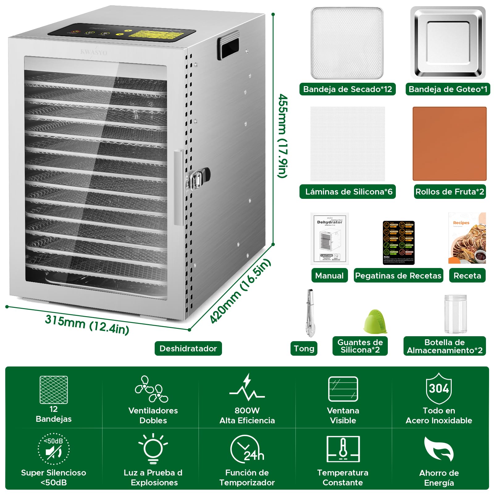 Kwasyo Deshidratador de Alimentos de Acero Inoxidable con 12 Bandejas, Secado eficiente de 360° con doble ventilador, Temporizador 24 horas, Temperatura: 30 a 90℃, deshidrata fruta, carne, verduras