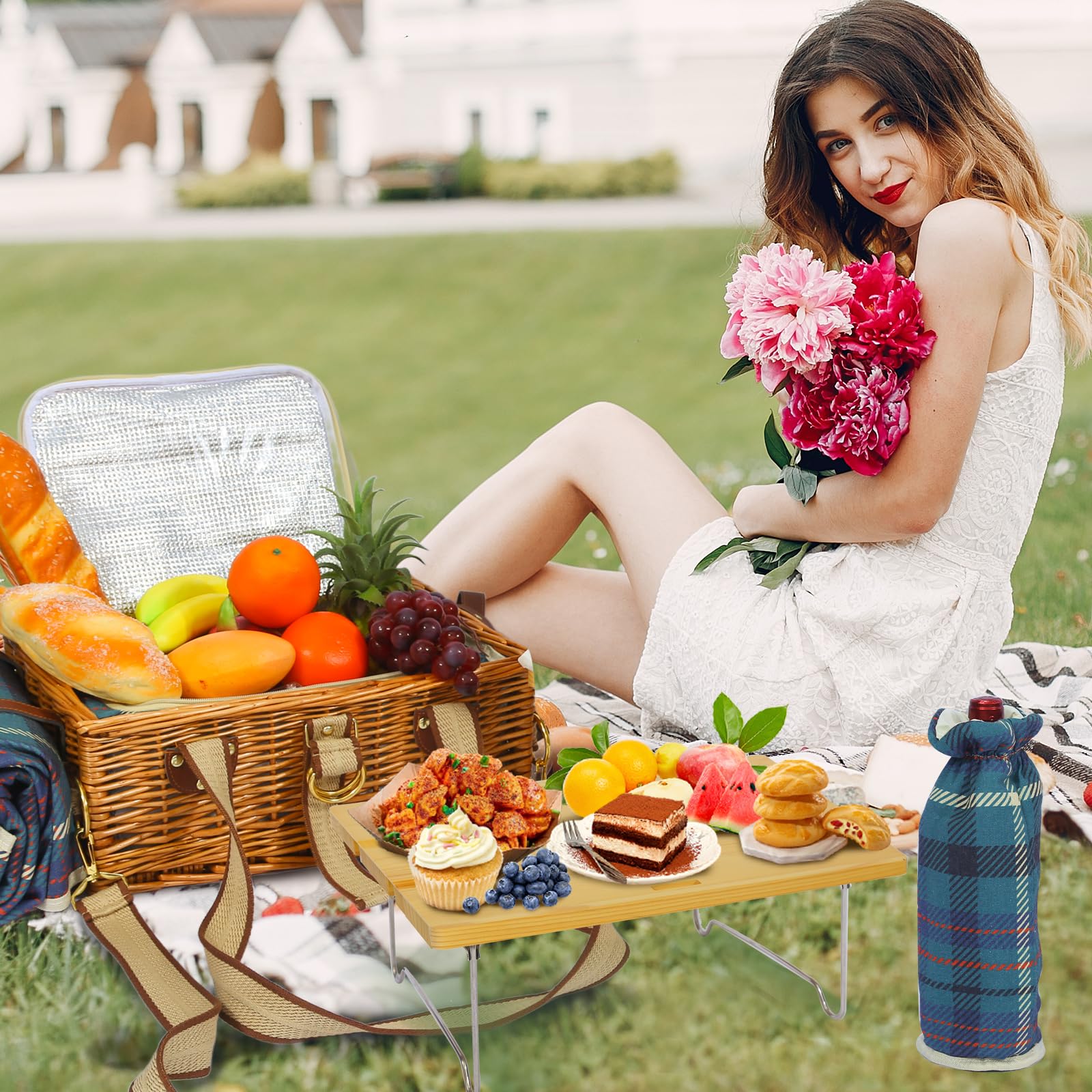 Set de cesta de picnic con mesa plegable y juego de cubiertos, cesta de picnic para 4 personas con bolsas de hielo, cesta de mimbre con asa, cesta de mimbre set de regalo para picnic, camping