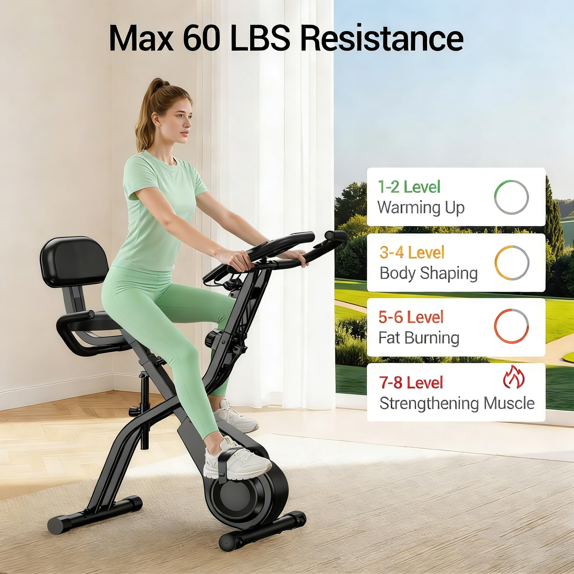 Cyclette per Casa Pieghevole 5 in 1 con Schienale, Cyclette Magnetica con Display LCD e Bande Elastiche, Spin Bike Silenziosa fino 136 kg