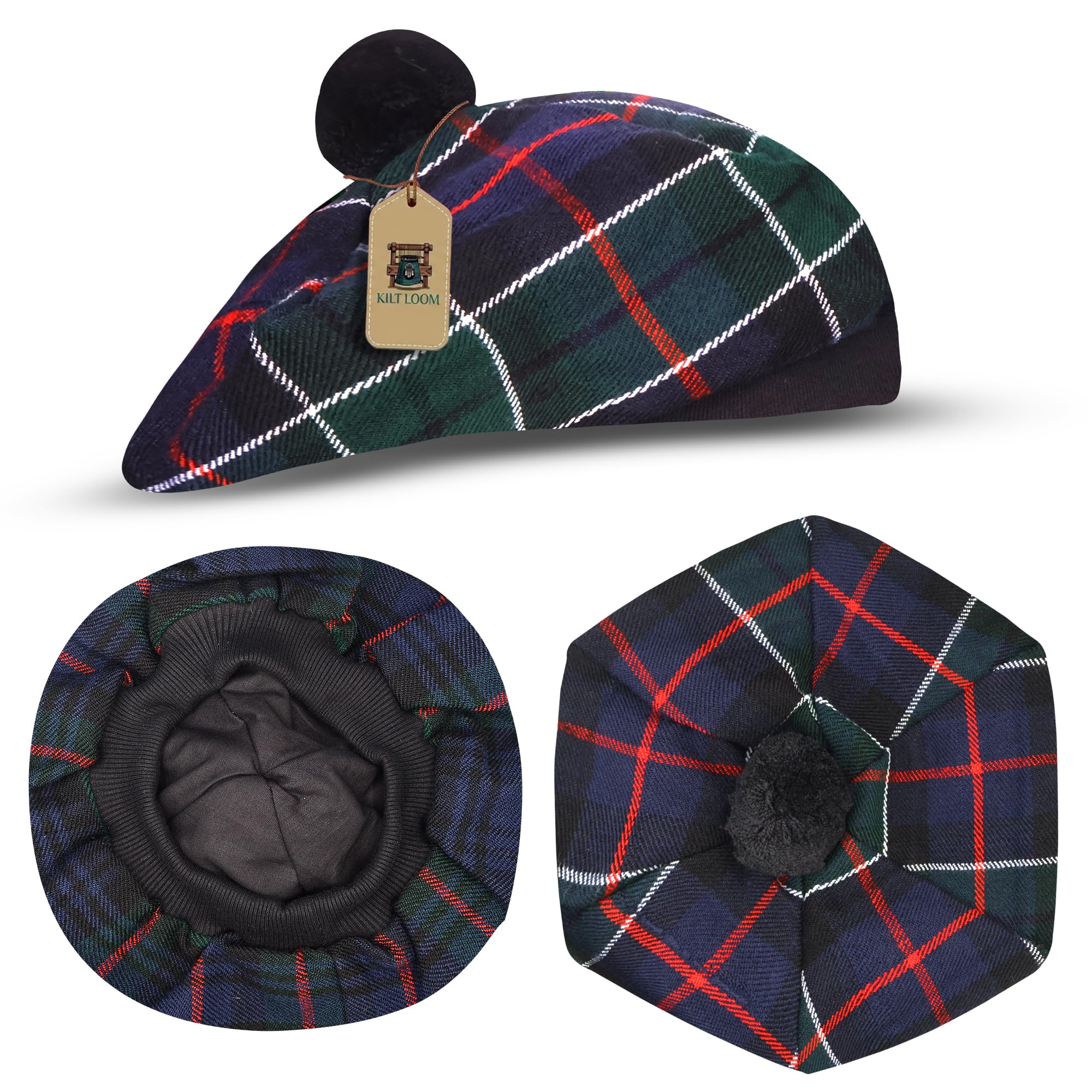 Tam O Shanter Scottish Hat, Tartan Bonnet with Pom Pom, Traditional Highland Beret, Kilt Dress Hat (UK, Alpha, One Size, Green Lislie)