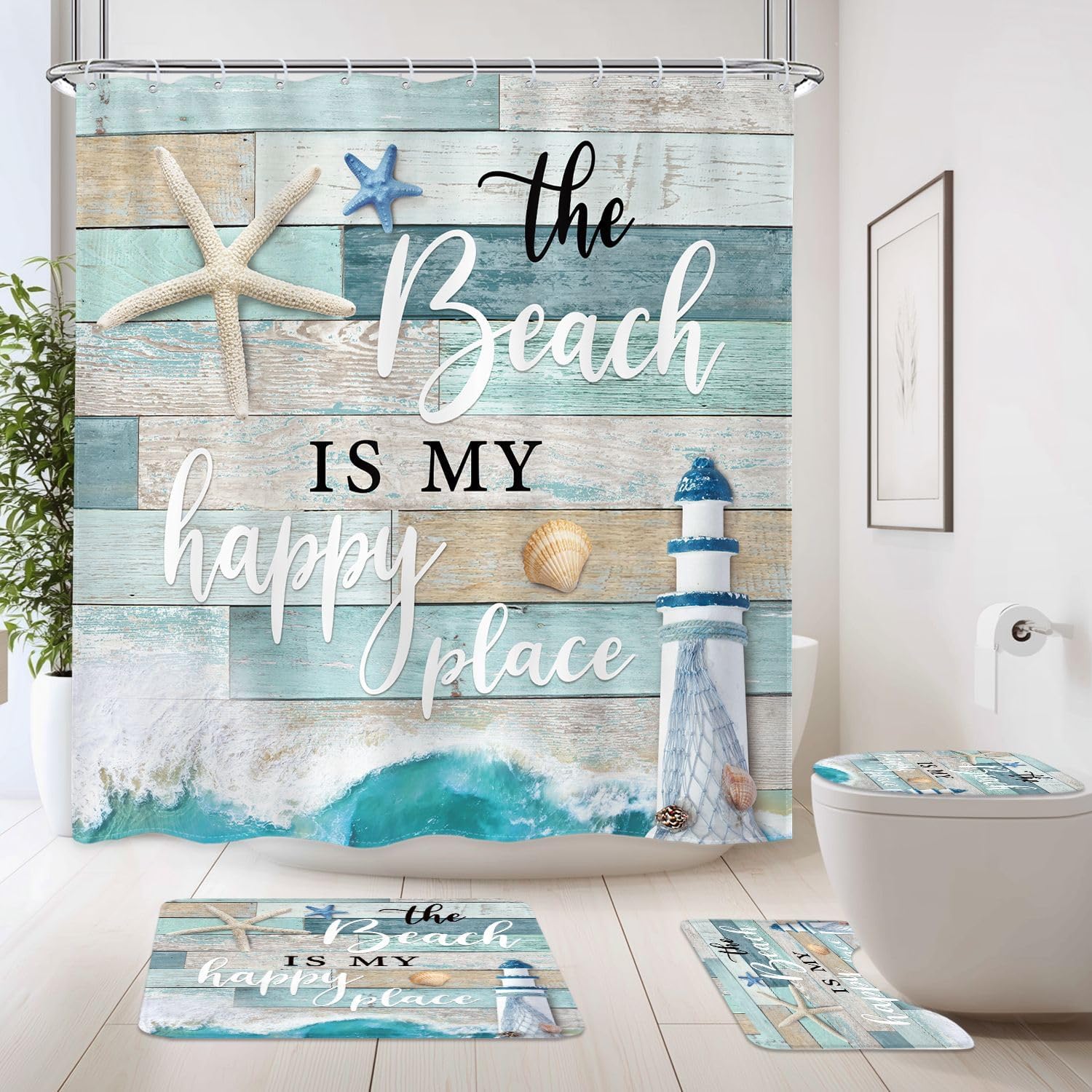 Beach Teal Blue Shower Curtain Set 4Pcs Positive Bathroom Set with Rugs
