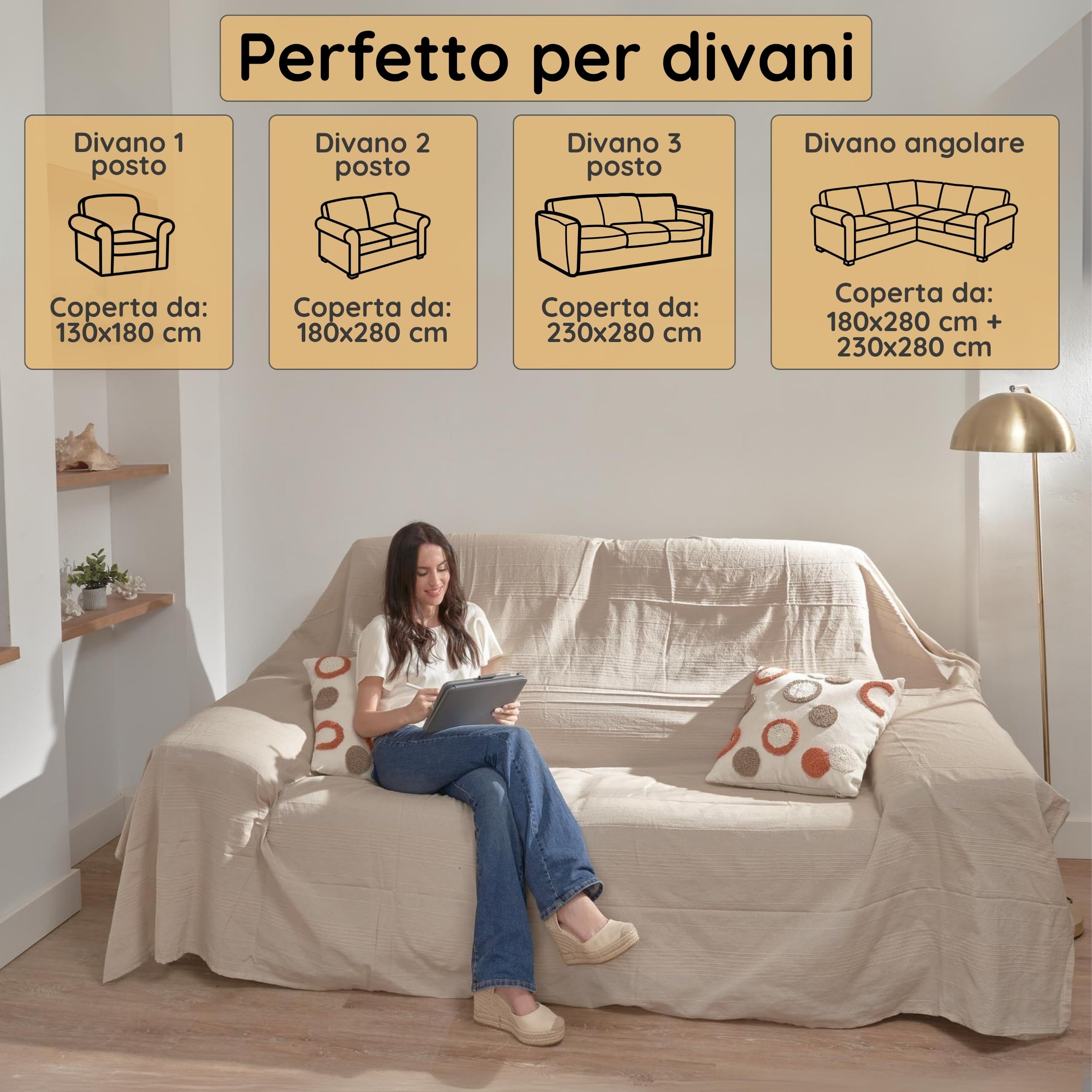 Jarapa Home Made with love Copriletto estivo e copriletto multiuso per divani, copriletti bianchi. Plaid multiuso, copridivano, tessuto resistente e di qualità, prodotto in Spagna (Beige, 230x280 cm)