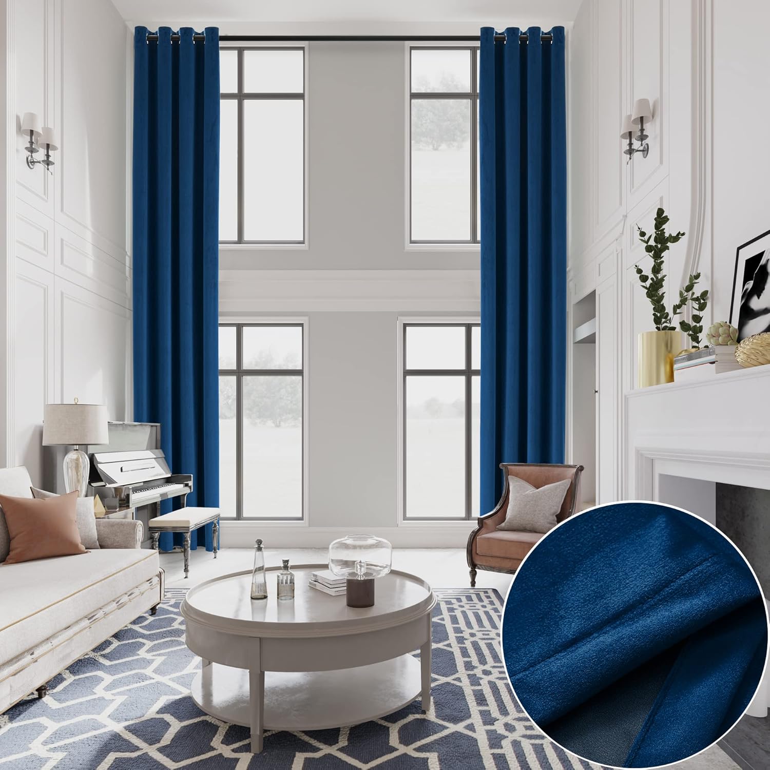 MASWOND Extra Long Blue Velvet Curtains with Grommets, 17ft Length, Thermal Insulated 2 Story Drapes for Loft, Living Room High Ceilings Dark Blue, 52" W x 204" L, 1 Panel