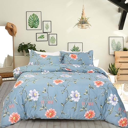 Usfivefam Juego de funda de edredón azul grisáceo tamaño Queen, 3 piezas, ropa de cama floral de lujo, cómoda, ultra suave y transpirable, funda de