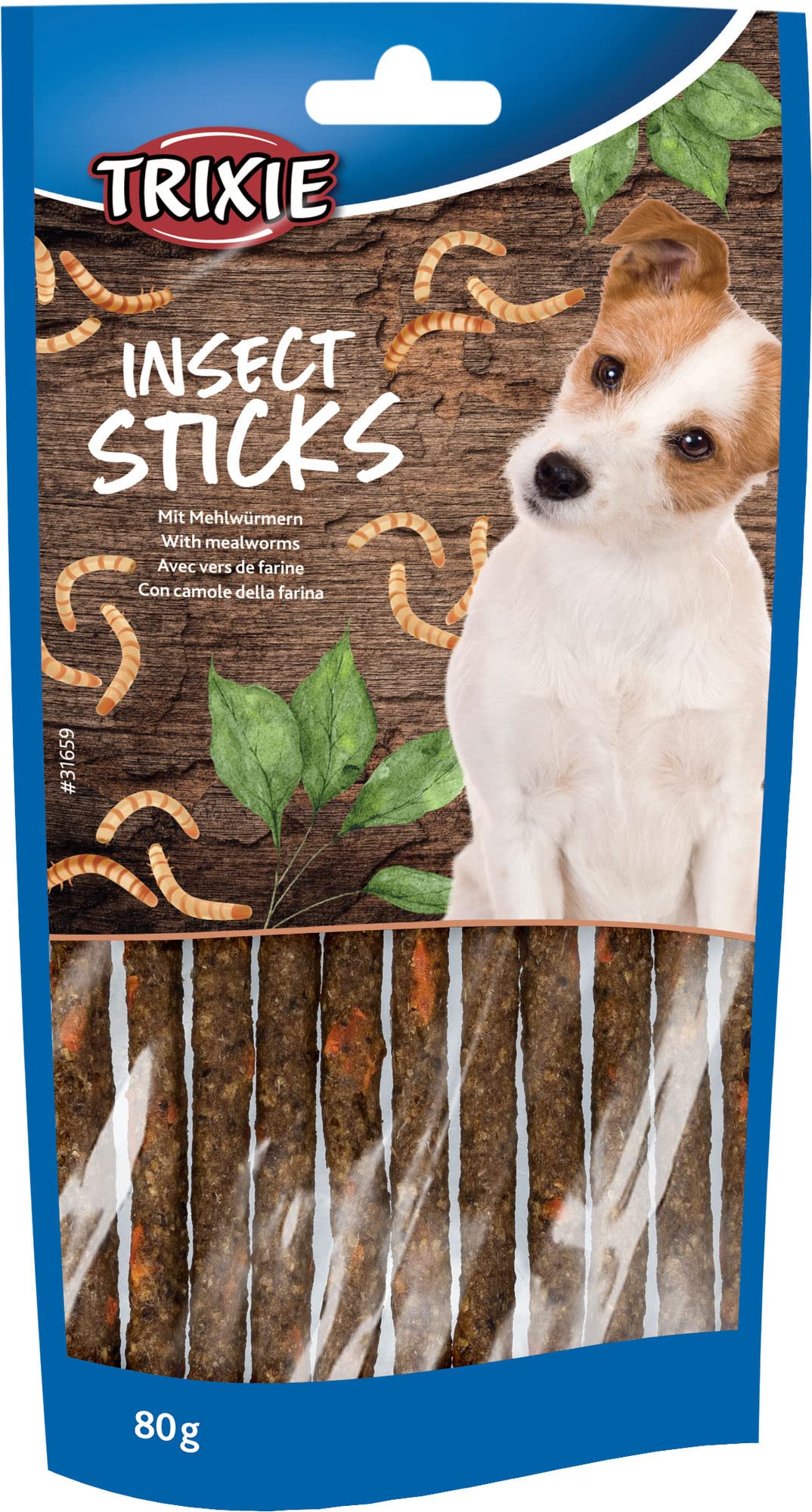 TRIXIE Hundeleckerli Insekten Snack Sticks mit Mehlwürmern 80g – Glutenfreie premium Leckerlis für Hunde - ohne Getreide & Zucker, schmackhafte Belohnung für Training & zuhause - 31659