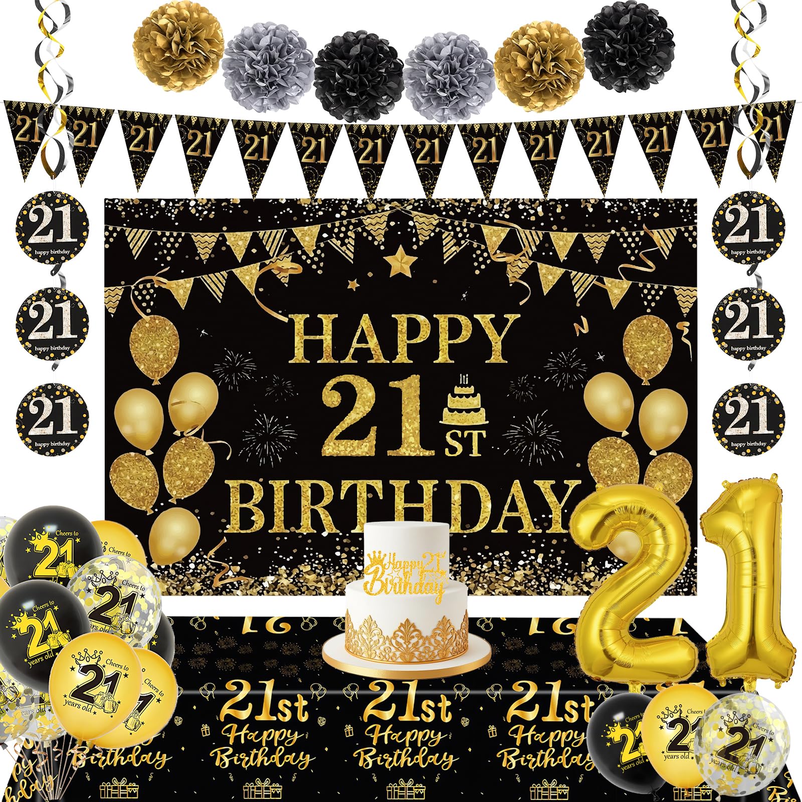 21th Birthday Decorations for Men Women, Black Gold Party Backdrop Happy 21th Birthday Decoration Set with Banner Number Foil Balloon Tablecloth Cake Topper, 21 Year Old Party Supplies Decor