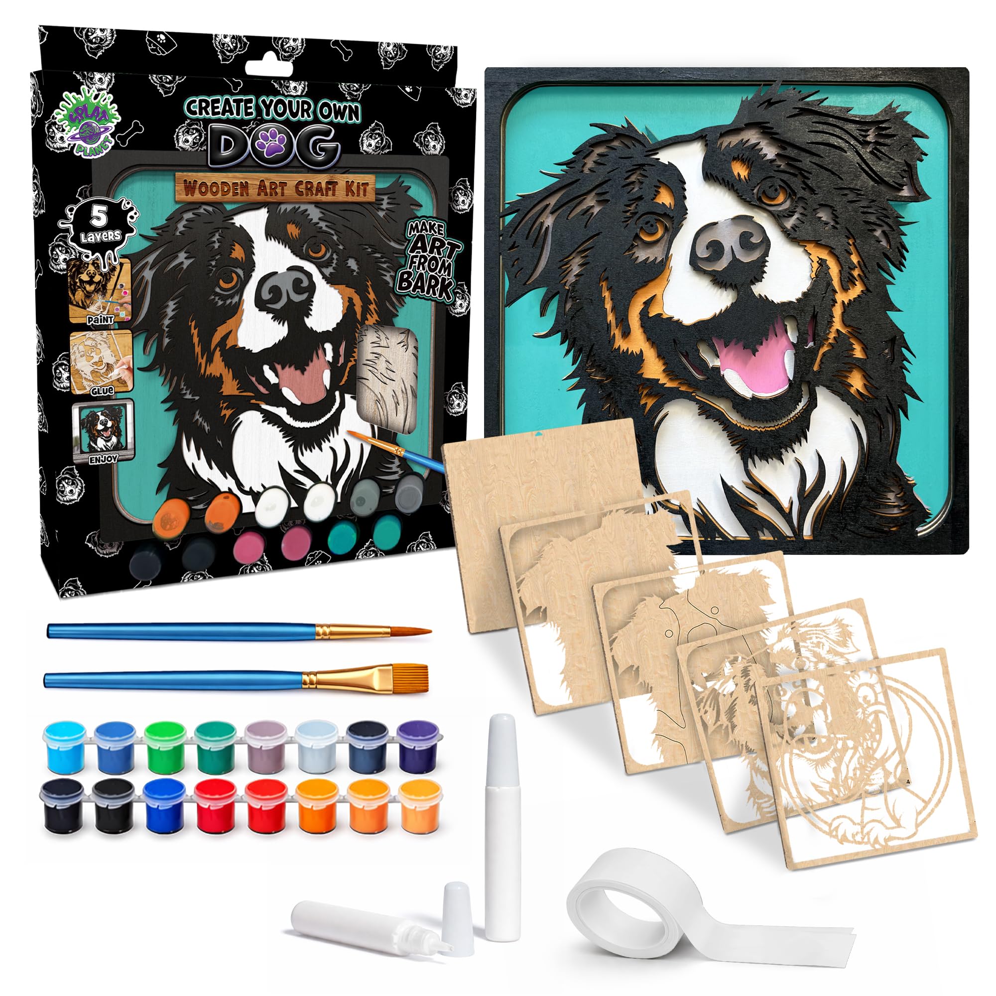 Splat Planet –Dog 3D Wooden Art Kit – Paint Your Own 3D Layered Wood Wall Art for Kids & Adults, DIY 3D Art Dog Wood Painting Kit Wooden Art and Craft Gift Set, 25 x 25cm