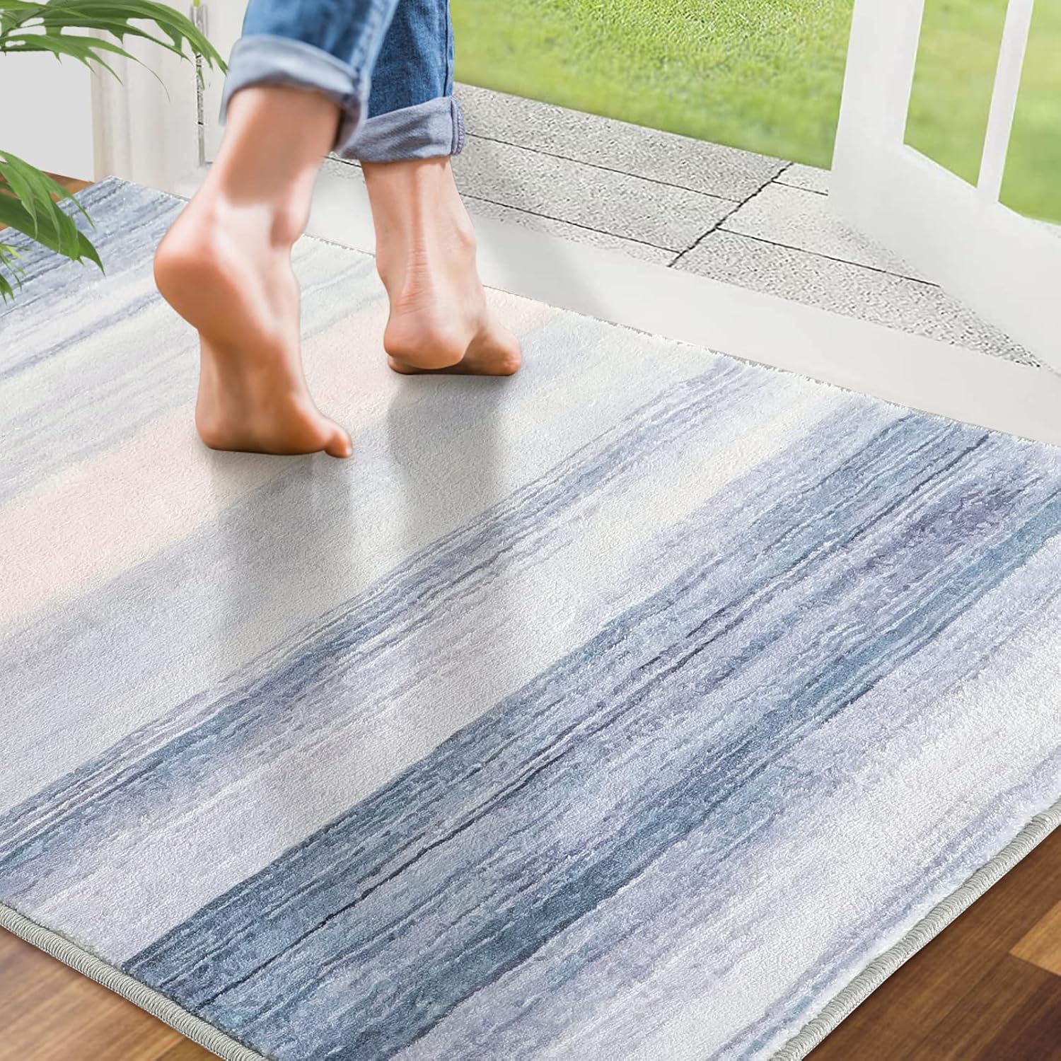 CRISTGEE Door Mat, Front Indoor Door Mat Faux Wool Non-Slip Entryway Rug Absorbent Abstract Throw Rug for Indoor Entrance Hallway Laundry Room, High Traffic Areas, 32X48 Inches, Blue Washable