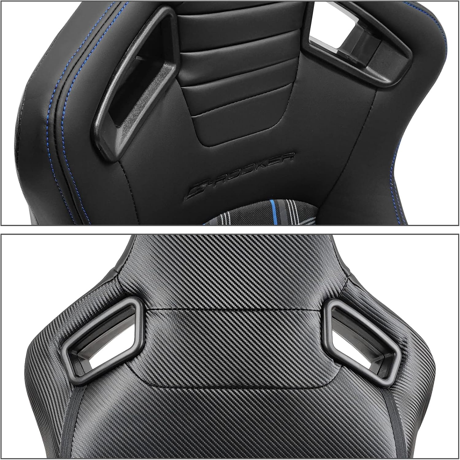 FREEMOTOR802 Universal Racing Seats, Reclinable Sport Seats with Dual Lock Sliders Adjustable, 1 Pair (Driver + Passenger Side), PU + Plaid Fabric + Carbon Fiber Fabric, Black + Blue Plaid