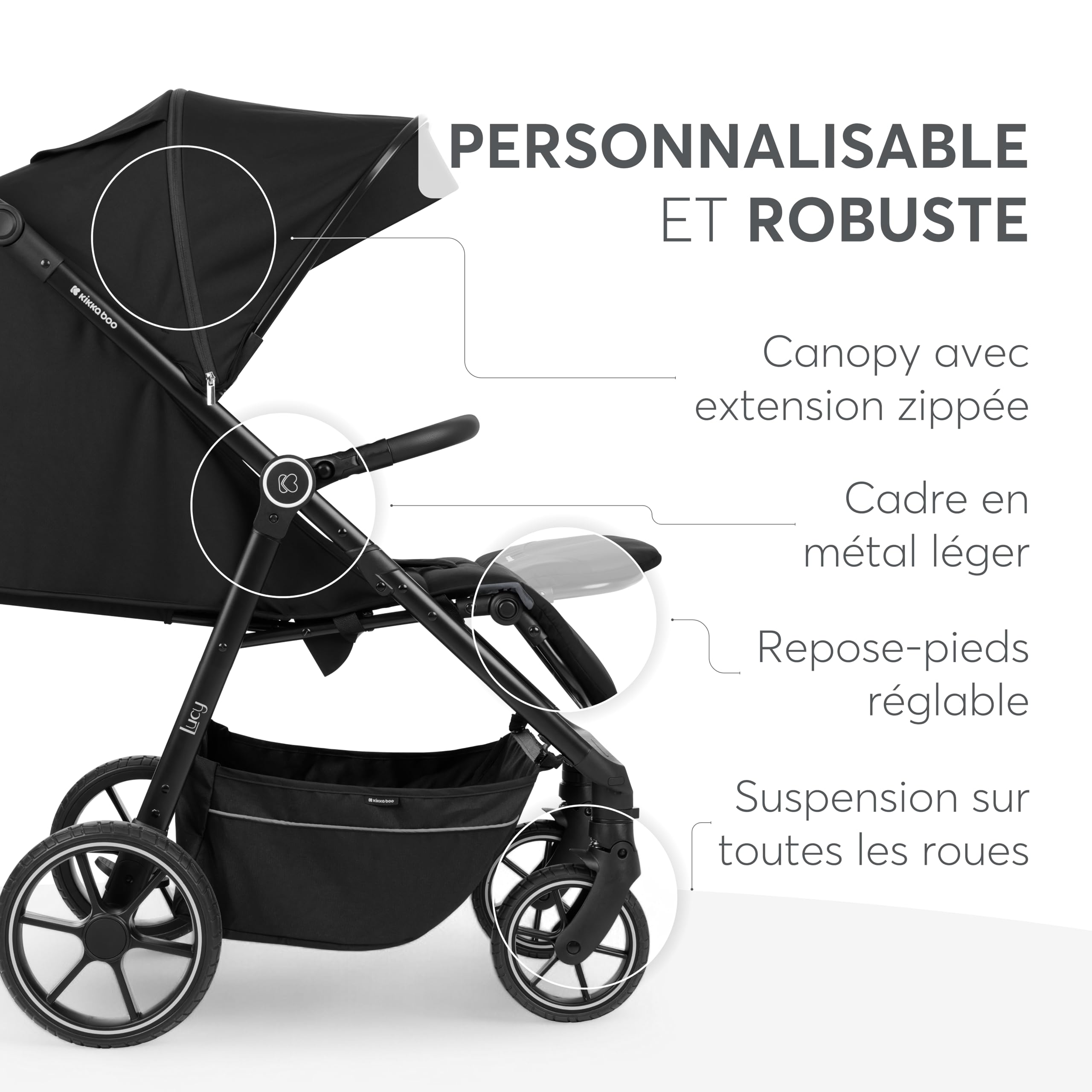 Poussette KikkaBoo LUCY, poussette bébé, jusqu'à 22 kg, poussette légère, pliable et compacte, noire