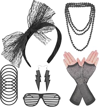 ONUPGO 80s Costume Accessories Set for Women, 80s Fancy Dress Neon Headband Earrings Fishnet Gloves Necklace for 80s Retro Party