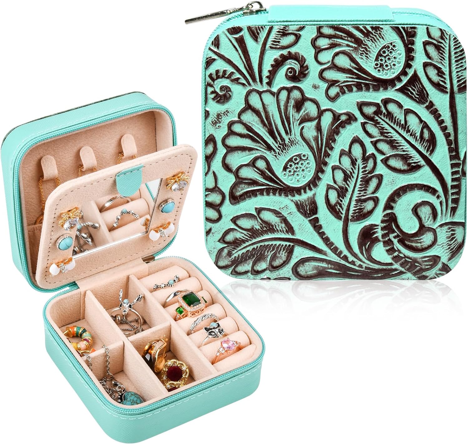 DEEKA Western Jewelry Box Case Real Leather Turquoise and Brown