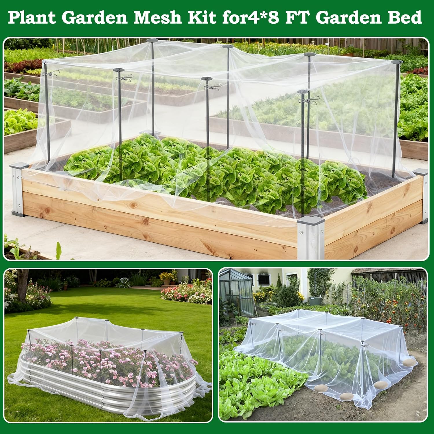 Metal Garden Netting Kit, 8 Pack 2.6ft Raised Garden Bed Net Support Stakes with 10´×13´ Fine Mesh Insect Netting 16pcs Clips Bird Barrier Screen Cover for Protect Plant Vegetable Row from Animals Bug