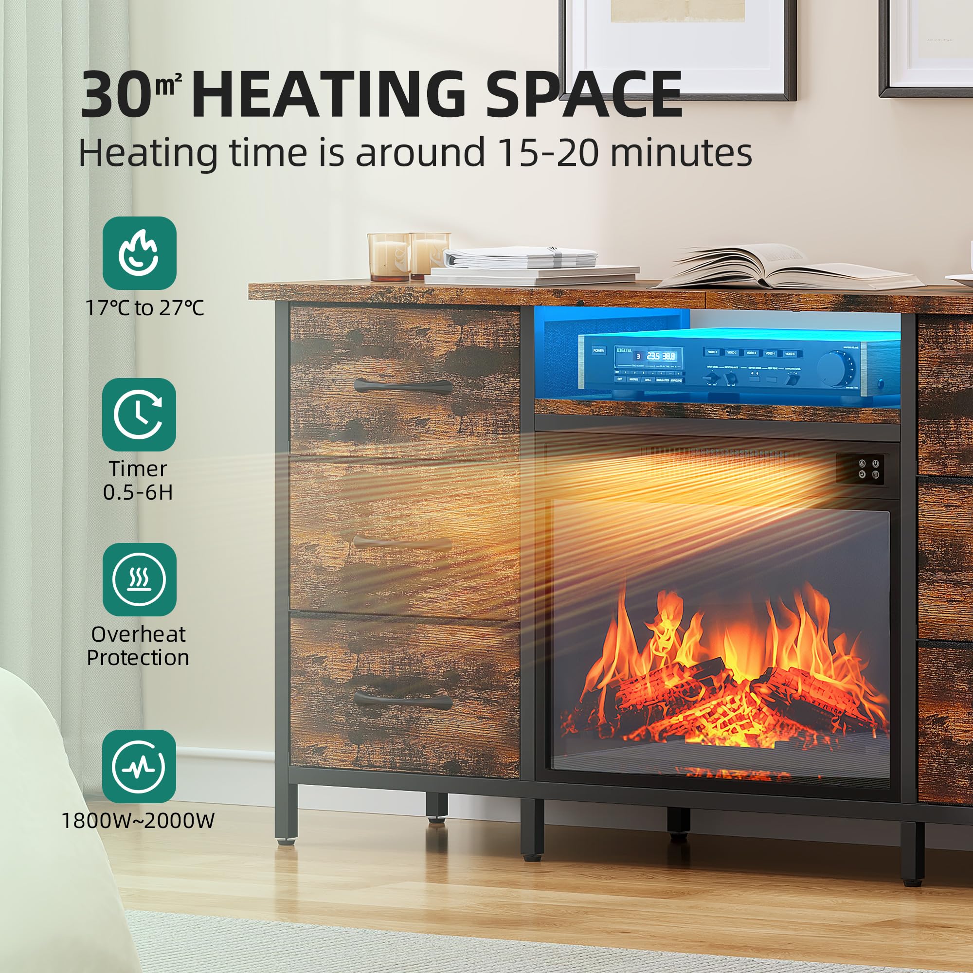 YITAHOME Mueble de TV con Chimenea Electrica, Cajones y LED para Televisiones 45-55", Marron