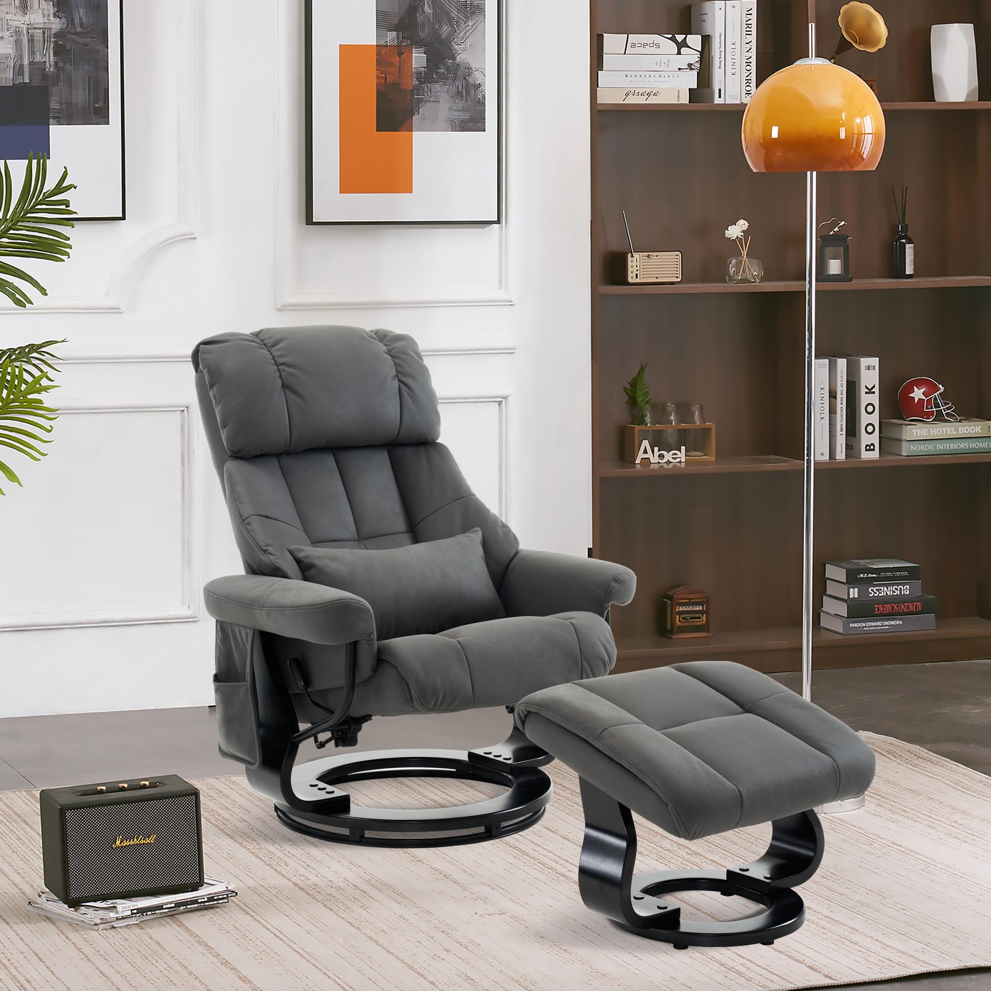 MCombo Relaxsessel mit Hocker Drehbare Fernsehsessel Liegefunktion Moderner TV-Sessel Stuhl Wohnzimmer Mikrofaser Grau