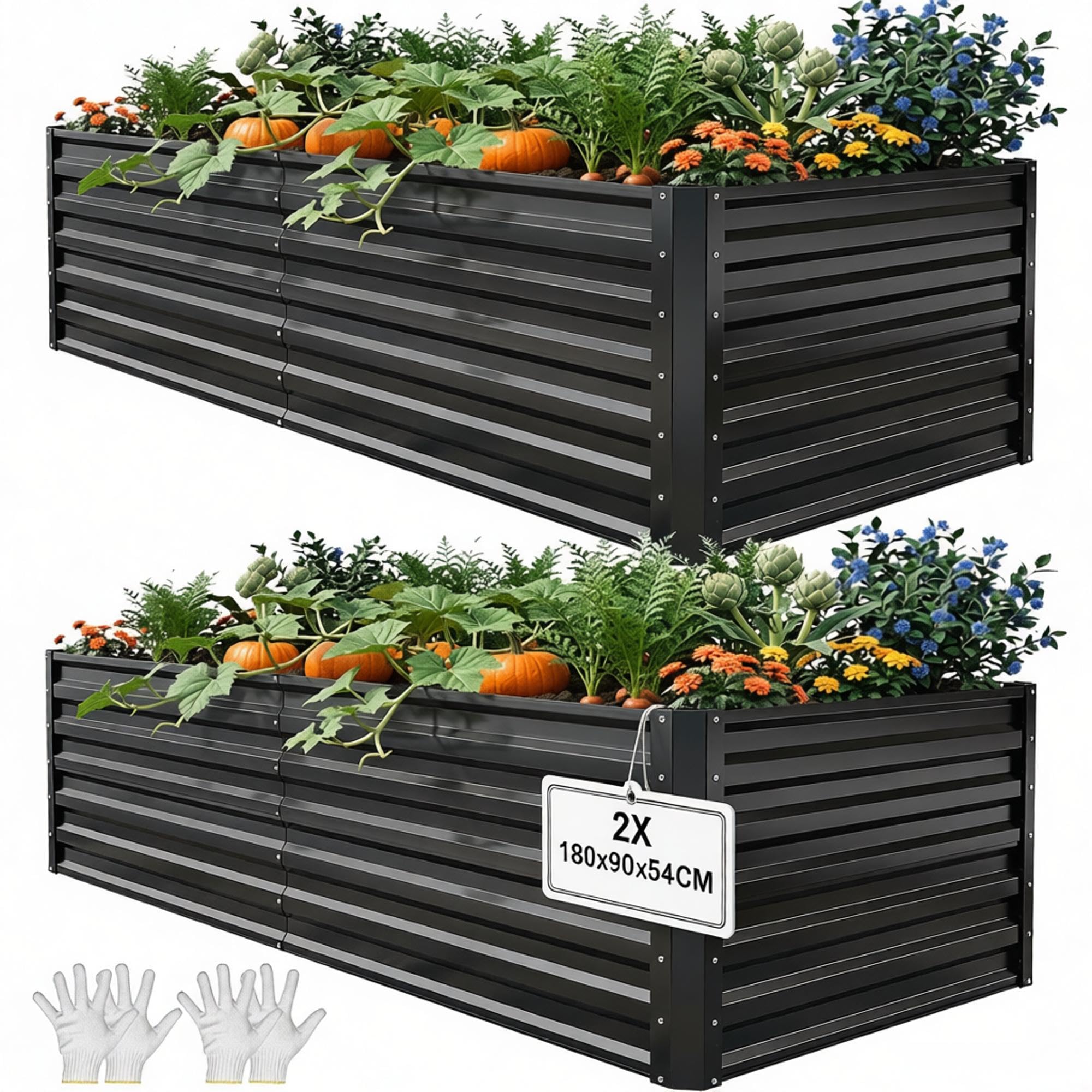 YITAHOME Juego de 2 bancales elevados de Metal 180 x 90 x 60 cm, Kit de bancal Alto de Zinc, Aluminio y magnesio, Acero Inoxidable, bancal Elevado para jardín, con Barra de Apoyo y Guantes para