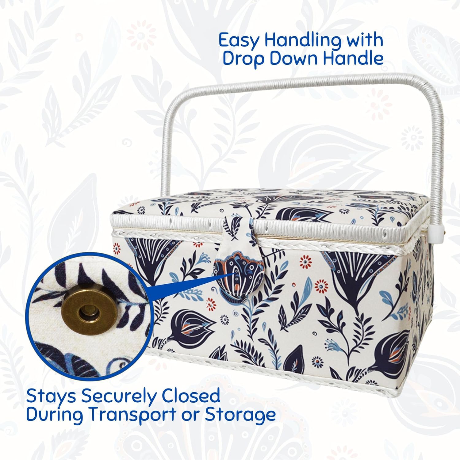 Wooden Sewing Basket Empty Large Box with Removable Tray, Stylish Organizer for Craft Supplies and Mending, Blue Garden
