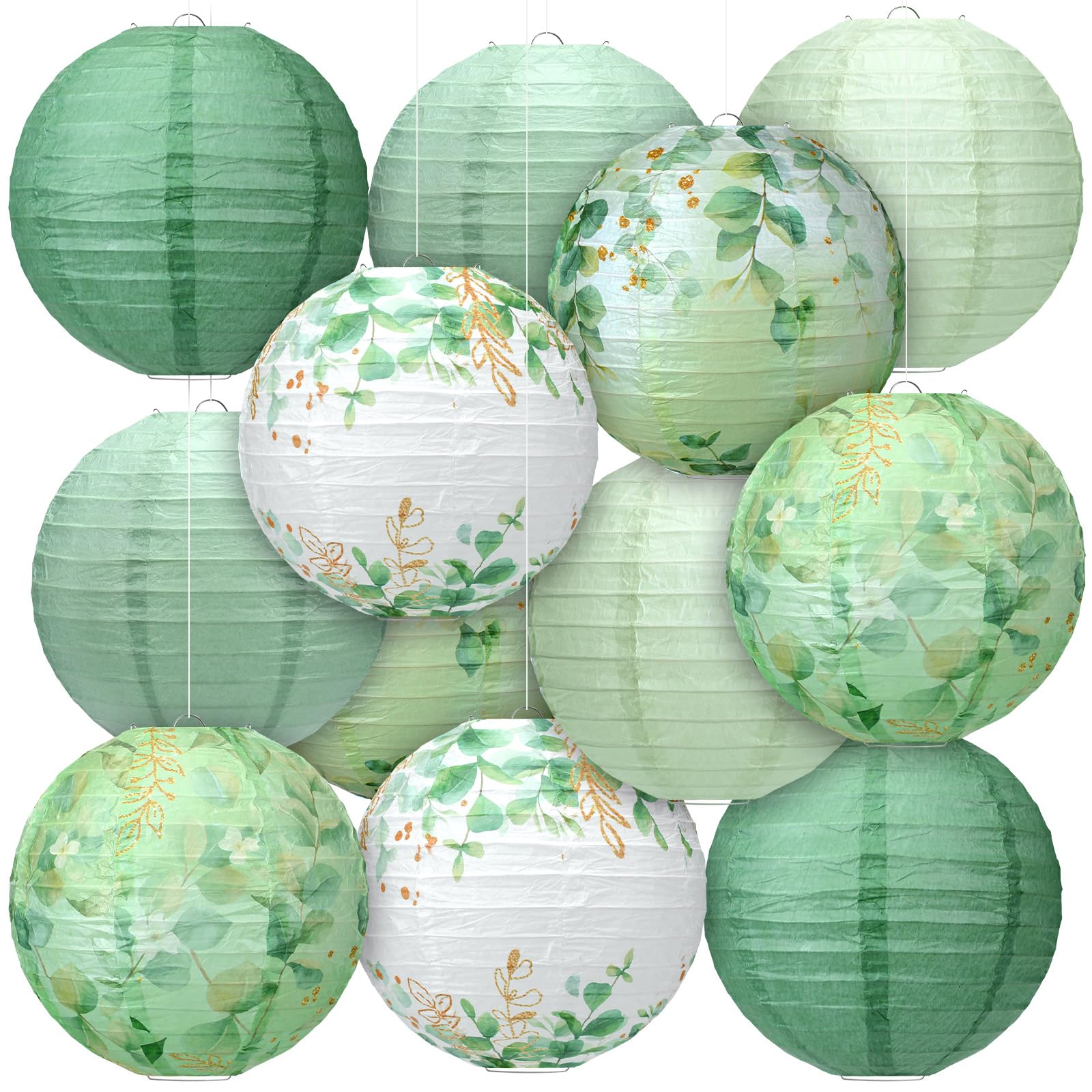 Panelee 12 Pcs Sage Green Eucalyptus Leaf Party Decorations Paper Lanterns 8 Inch Hanging Round Paper Party Decorations for Holiday Indoor Outdoor Supplies