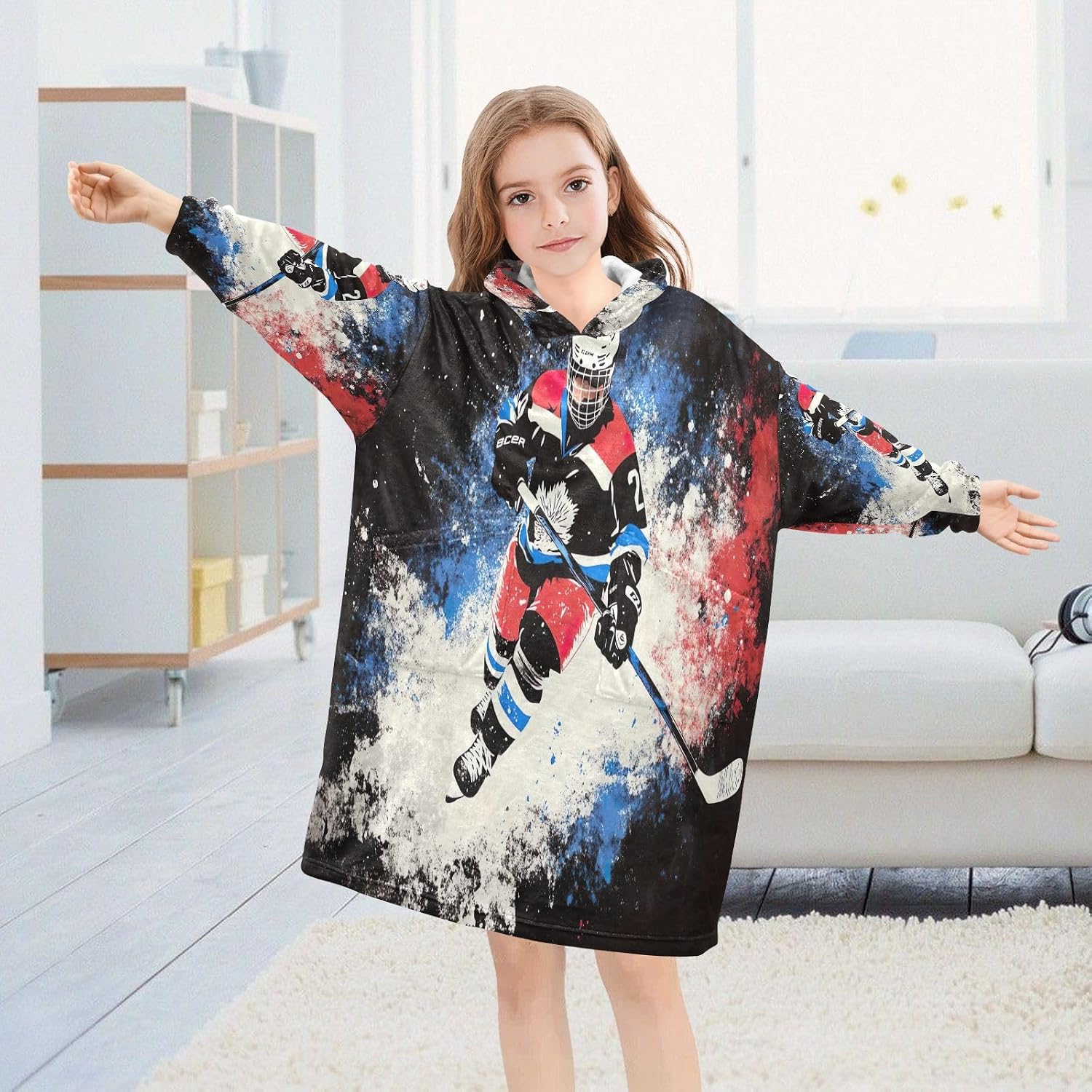 Joisal Cool Hockey Player Silhouette Wearable Blanket Kids with Sleeves Kids Blanket Hoodie for Boys Cozy Toddler Sweatshirt