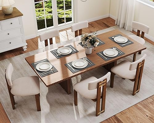 Miniatura 3 de HNY Modern Farmhouse Linen Dining Chairs Set of 6, Beige Fabric Upholstered Dining Room Kitchen Chairs with Natural Wood Frame & Curved-Back,