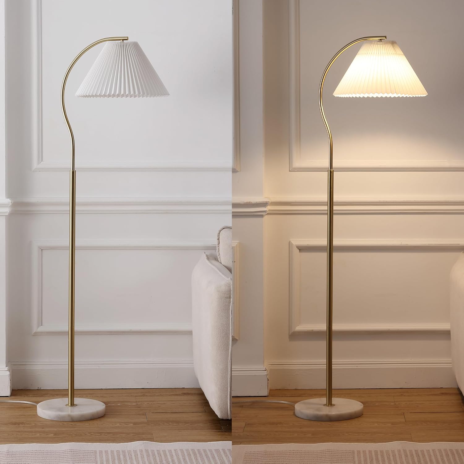 JONATHAN Y 60.5" Brass Gold and White Marble Metal Arc Floor Lamp Minimalist Modern Glam Standing Lamp for Living Room Bedroom with Pleated Empire Shade LED Bulb Included JYL1148C