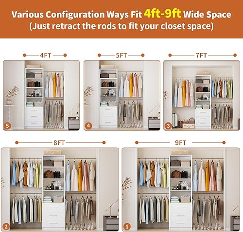 Vista 3 de Sistema de armario con cajones, sistema organizador de armario de 4 a 8 pies, torre organizadora de armario de 96 pulgadas con estantes ajustables