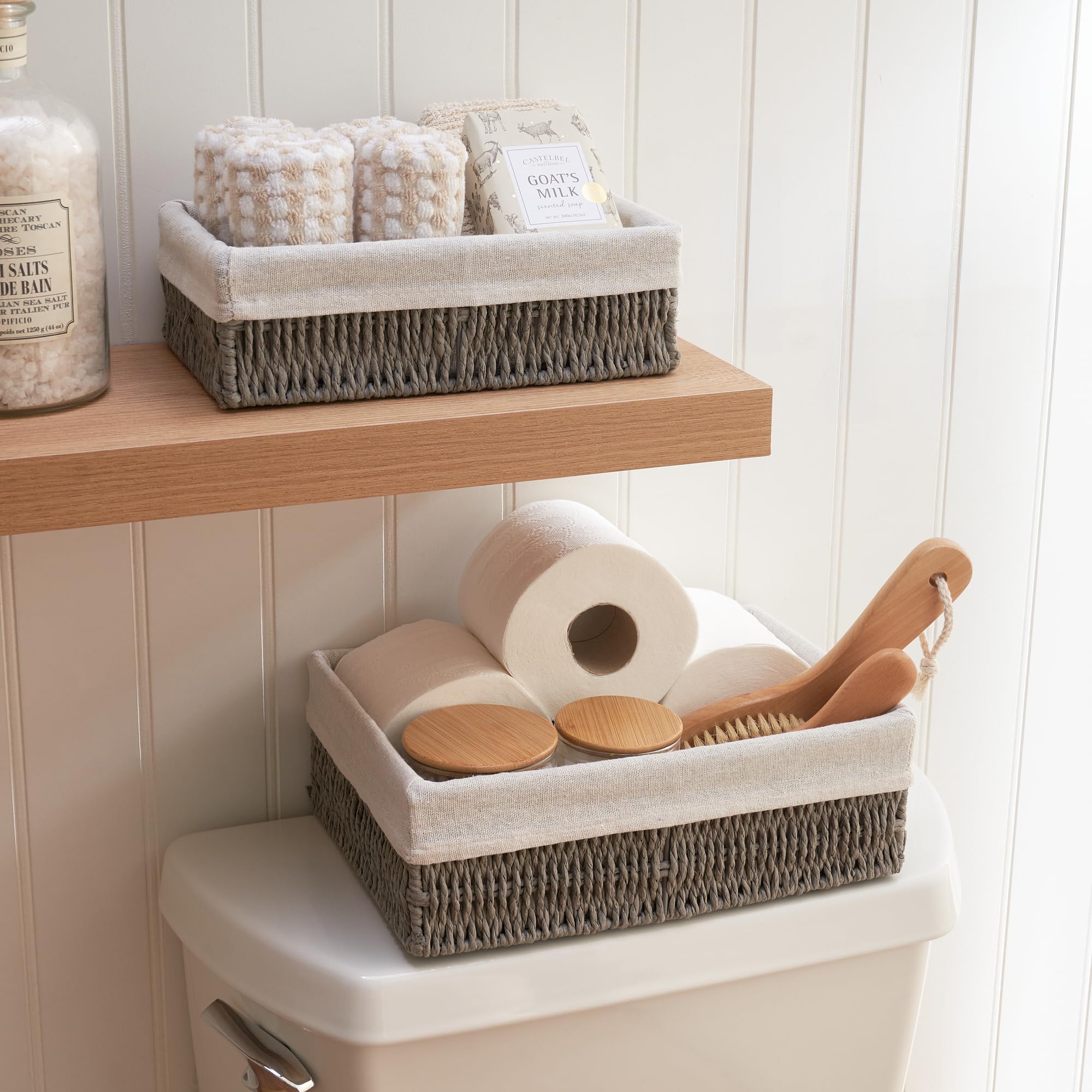 Beautiful Toilet Paper Storage Basket Set of 2 – Decorative Wicker Bathroom Organizer for Toilet Tank Trays - Quality Holder Bin for Shelves Fits Perfectly with Any Bathroom Decor