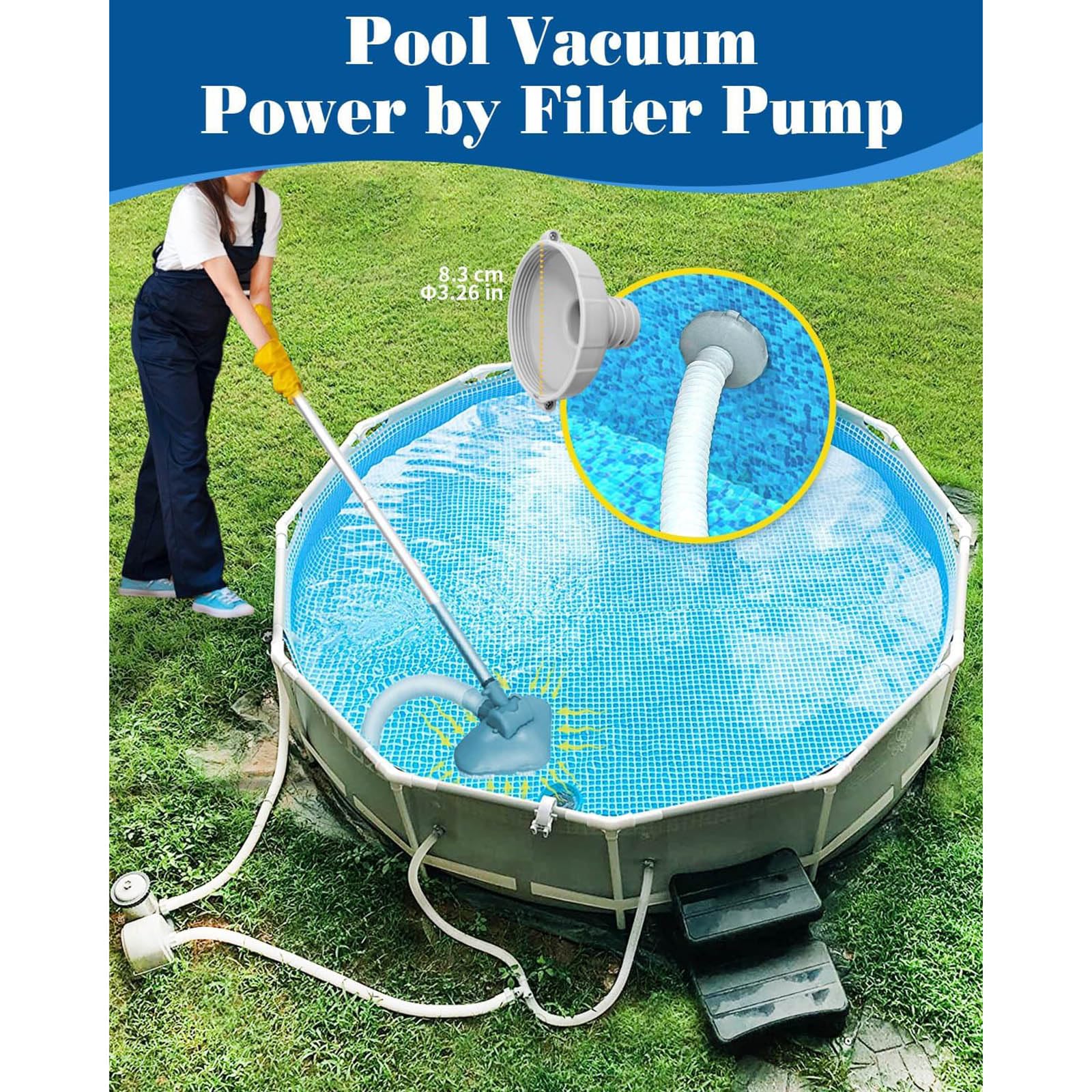 Aspiradora de piscina para piscinas pequeñas, limpiador de mano no eléctrico con poste telescópico y manguera de 13 pies, compatible con bomba de filtro, kit de limpieza para piscinas sobre el suelo