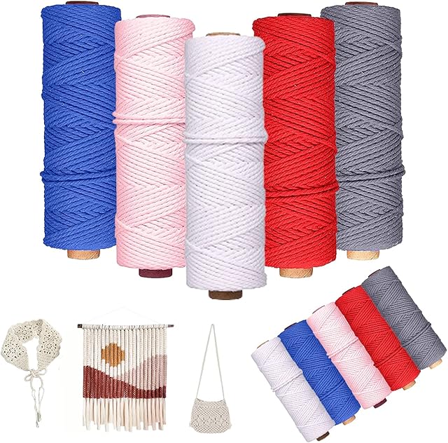 JBSON Macrame Cord,2mm macrame cord,Macrame Cord Set,Thick Natural Cotton Cord Yarn 4 Strands Macrame Rope for Wall Hangings,DIY Crafts, Home Decorations,Gift Wrapping 2mm x 100m(5 Color)